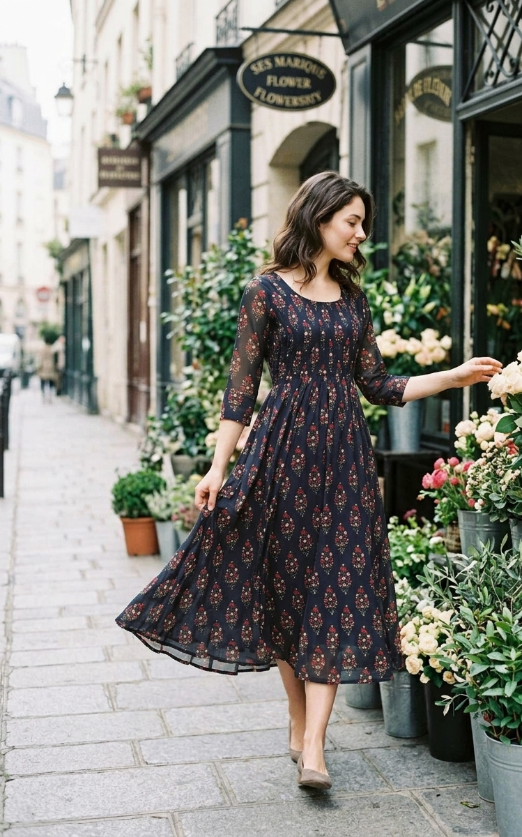 Souchii Black Floral Printed Flared Dress for Women | Elegant Party & Festive Wear