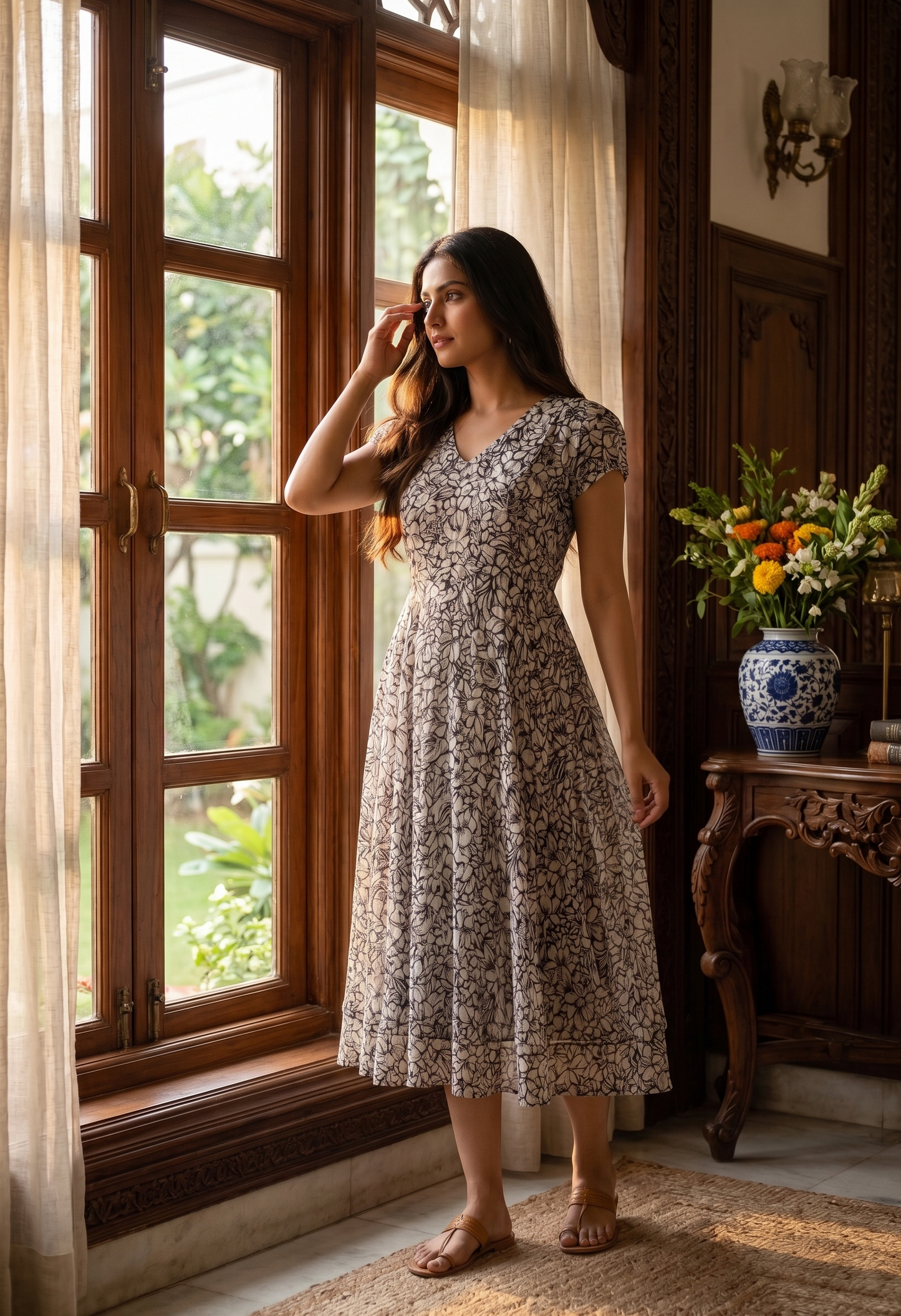 Souchii Black & Ivory Floral Chiffon Dress