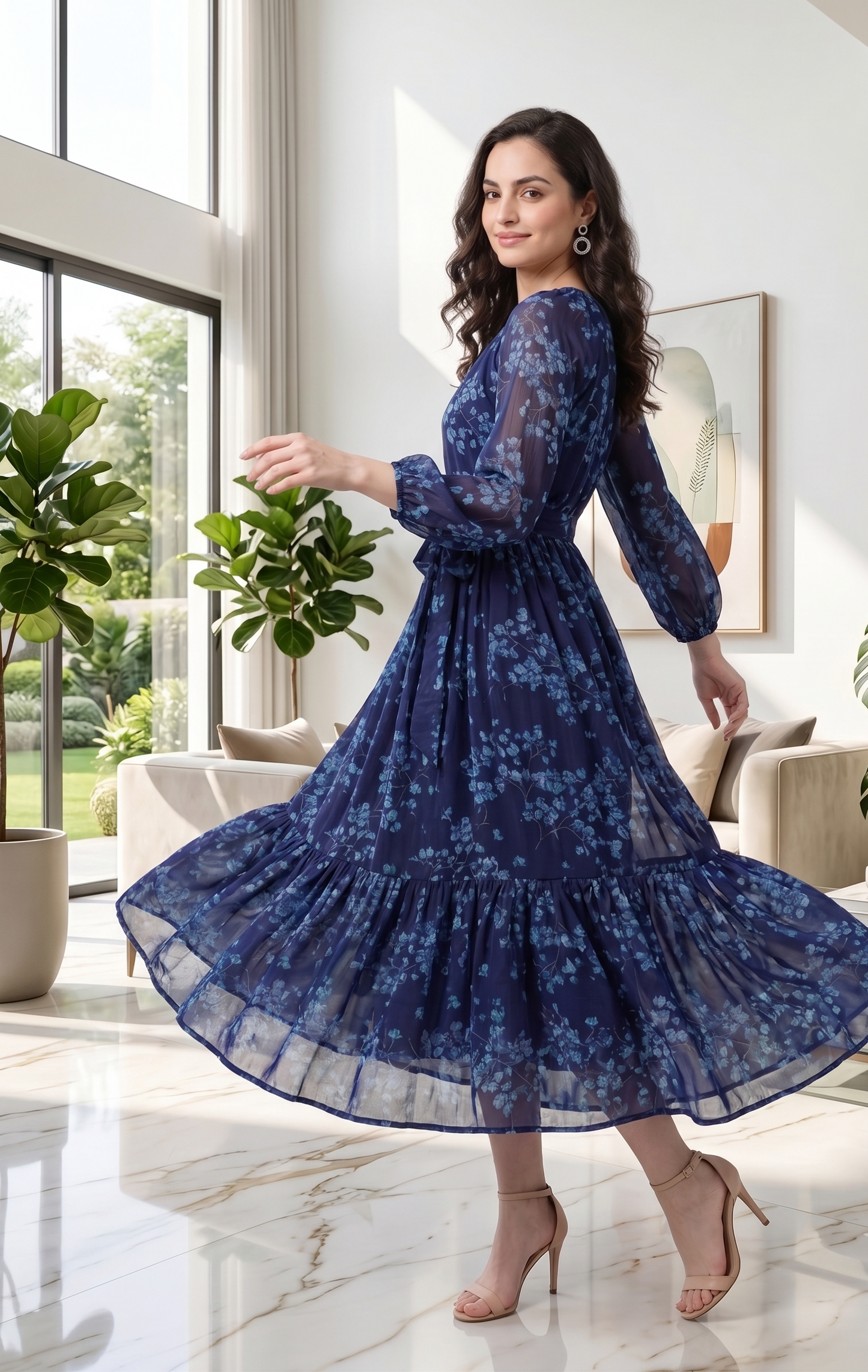 Women's Navy Blue Floral Printed Chiffon Midi Dress with Tie Waist | Elegant A-Line Party & Vacation Dress | Souchii