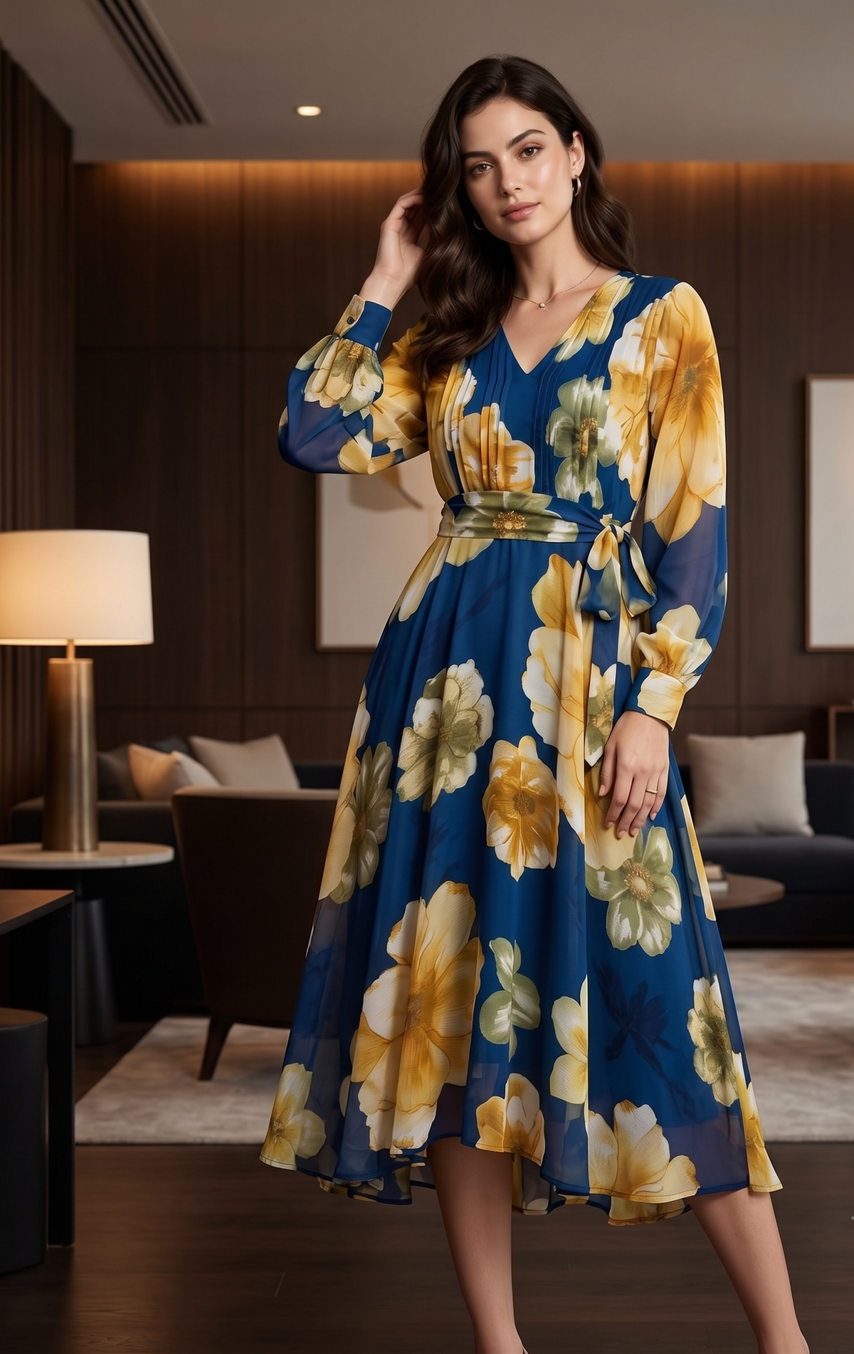 Blue Floral Fit & Flare Maxi Dress with Full Sleeves