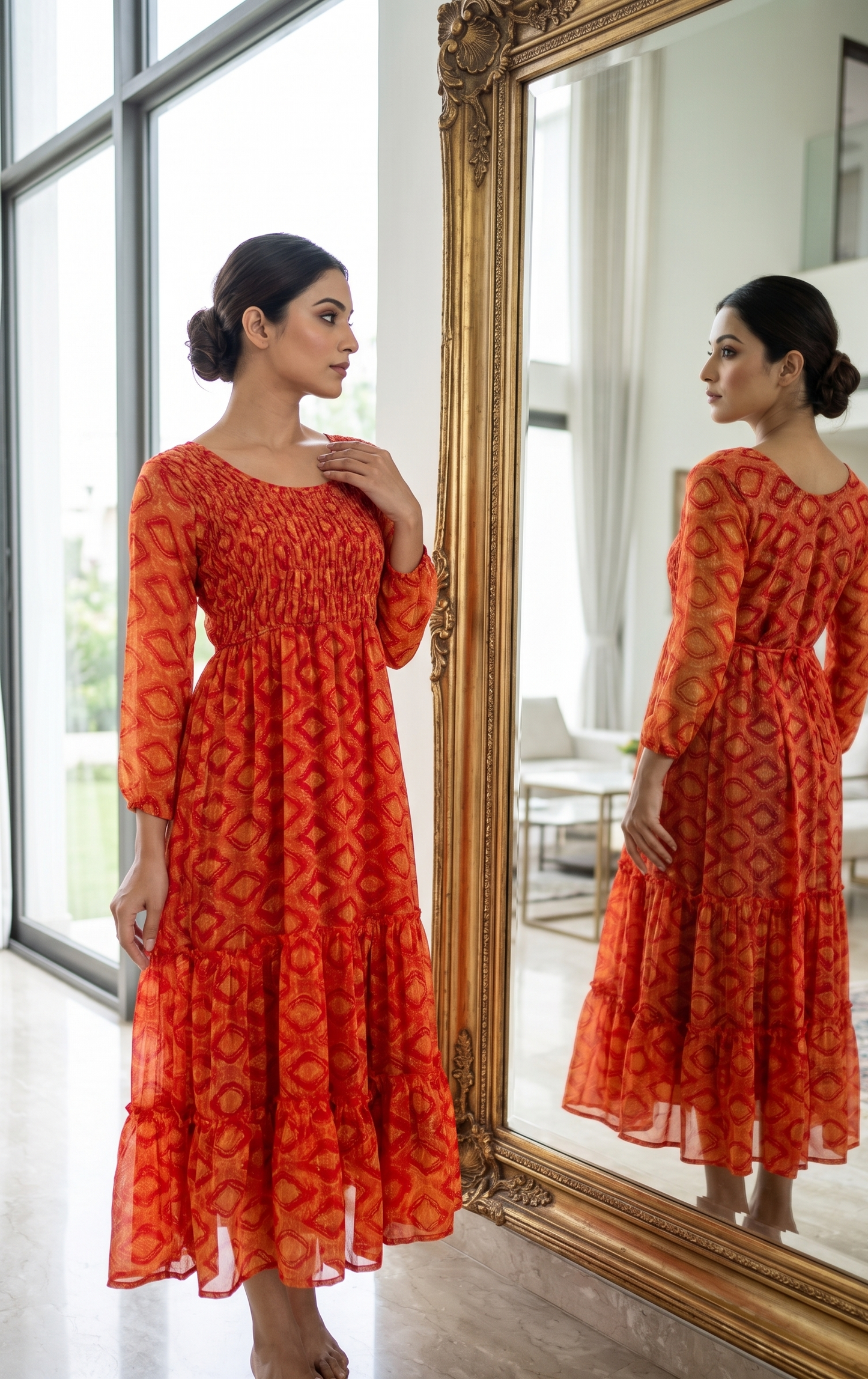 Souchii Red Printed Chiffon Midi Dress
