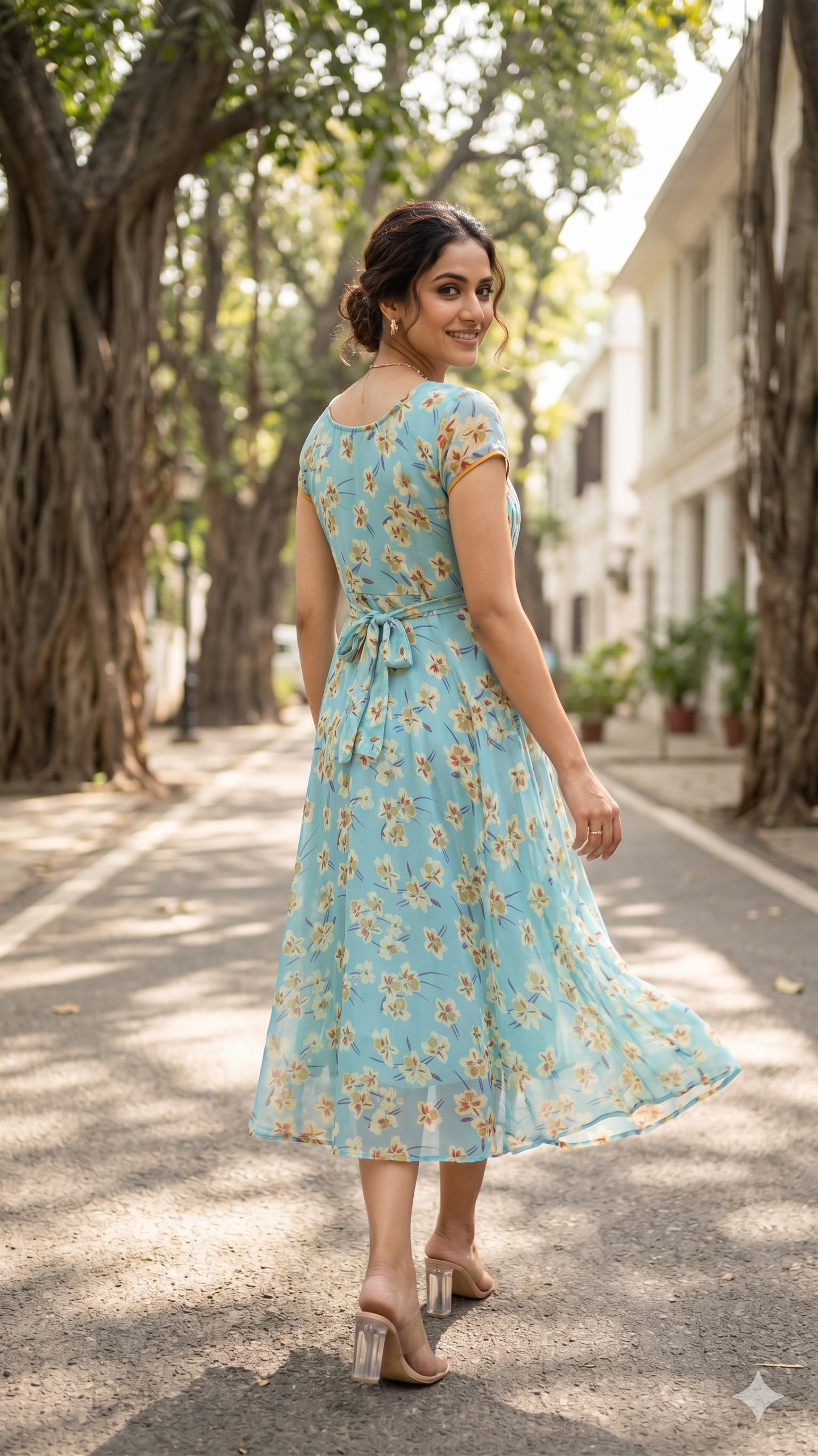 Souchii Women's Pale Blue Floral Printed Chiffon Midi Dress | Flowy A-Line Summer Dress with Empire Waist & Cap Sleeves