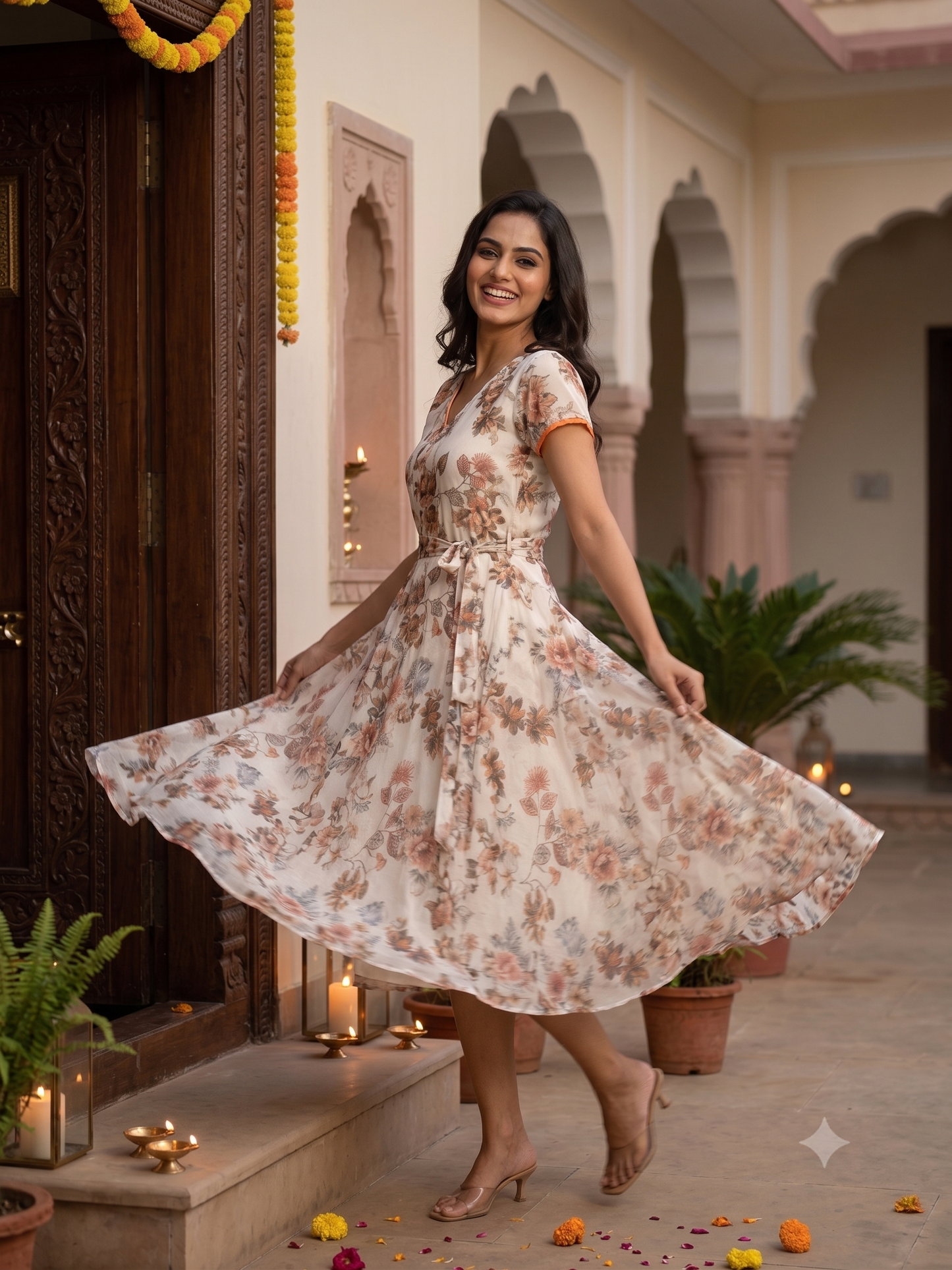 Souchii Floral Fit & Flare Midi Dress for Women – V-Neck Short Sleeve Elegant Dress