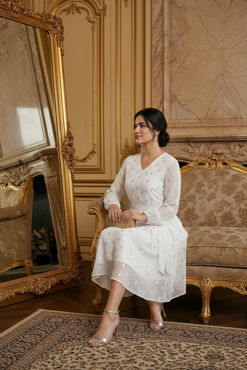 Souchii White Silver Embellished Chiffon Party Dress