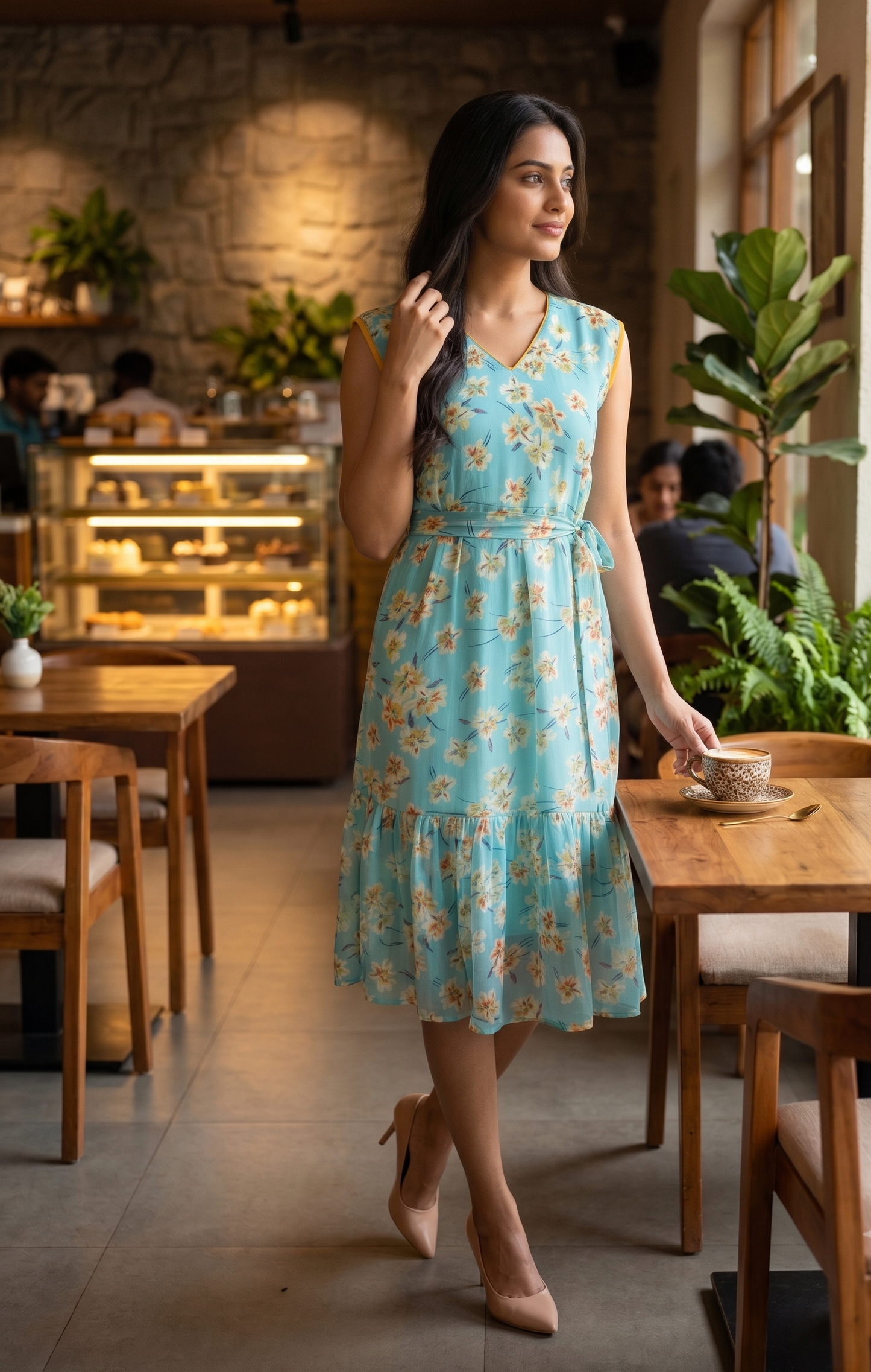 Souchii Women's Sky Blue Floral Printed Chiffon Midi Dress with Waist Tie | Elegant Sleeveless Summer Dress