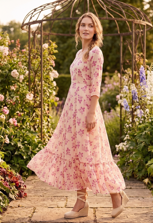 Souchii Women’s White & Pink Floral Chiffon Maxi Dress