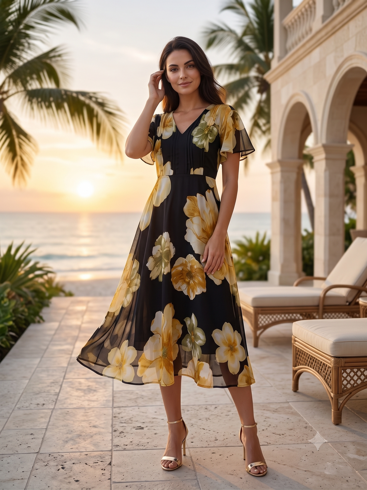 Black Floral Chiffon Dress with Golden Floral Print
