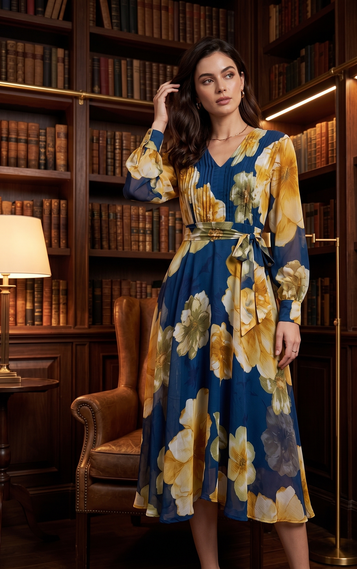 Blue Floral Fit & Flare Maxi Dress with Full Sleeves