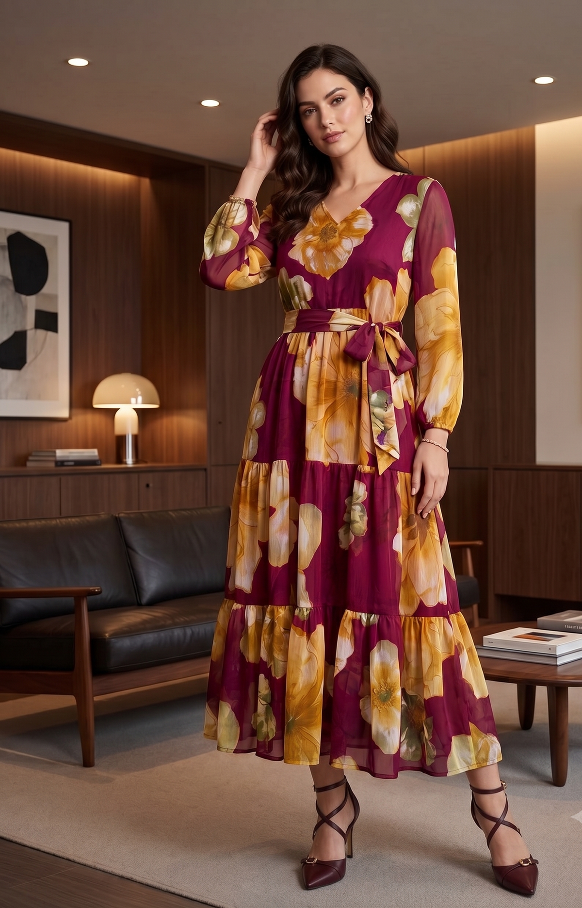 Burgundy Floral Tiered Maxi Dress with V-Neck & Full Sleeves