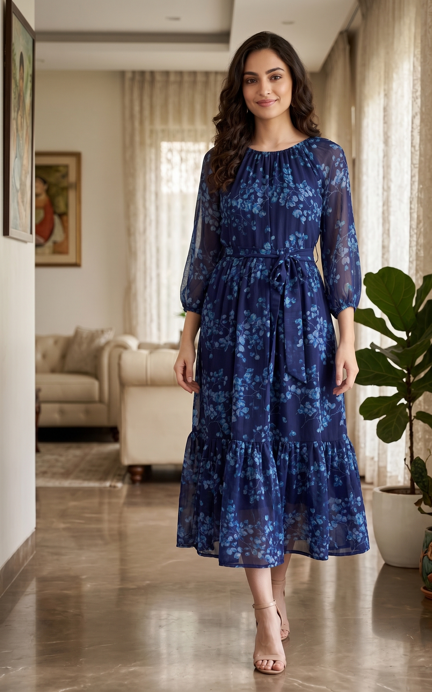 Women's Navy Blue Floral Printed Chiffon Midi Dress with Tie Waist | Elegant A-Line Party & Vacation Dress | Souchii