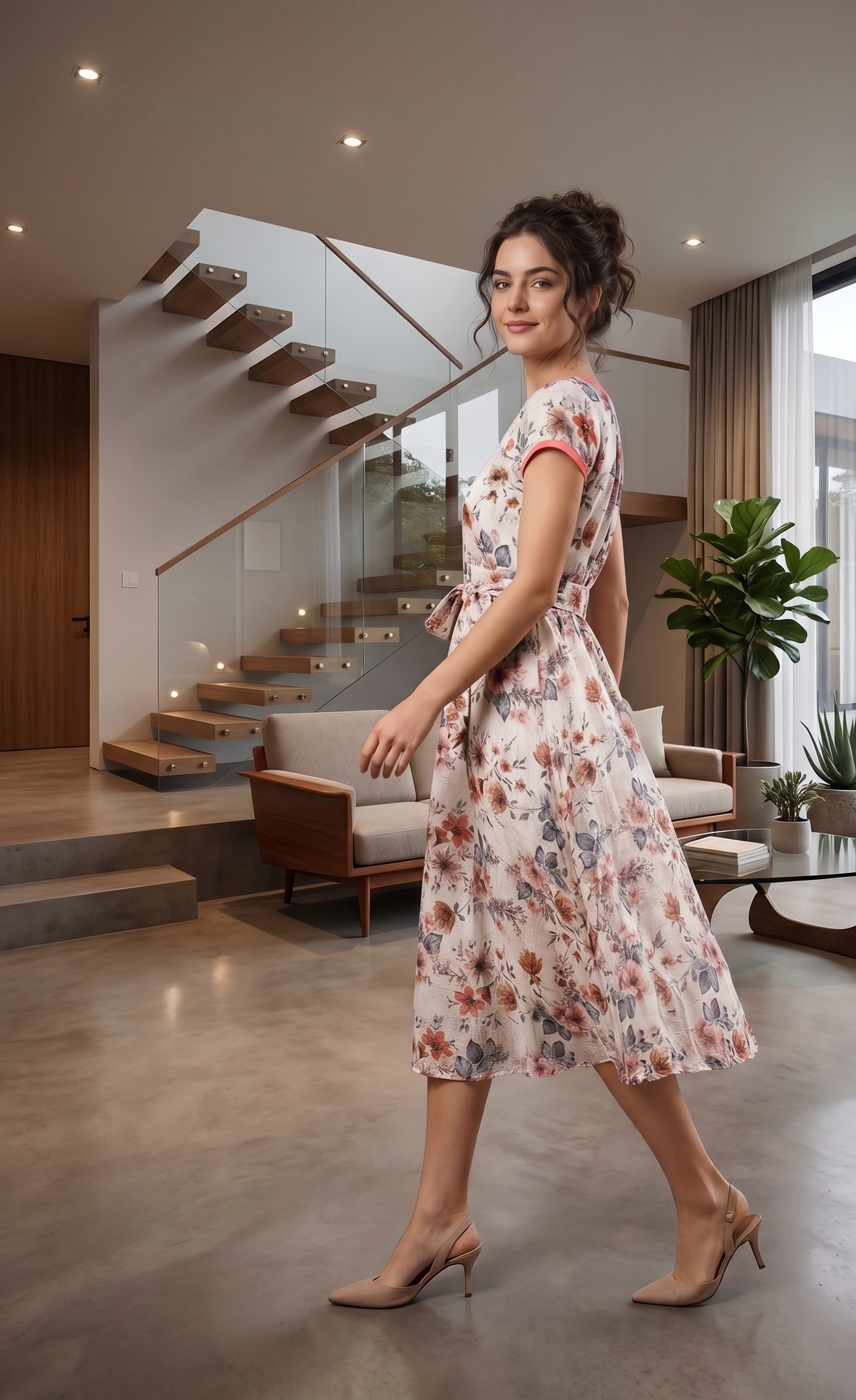 Ivory Floral  Midi Dress with Waist Tie | Souchii