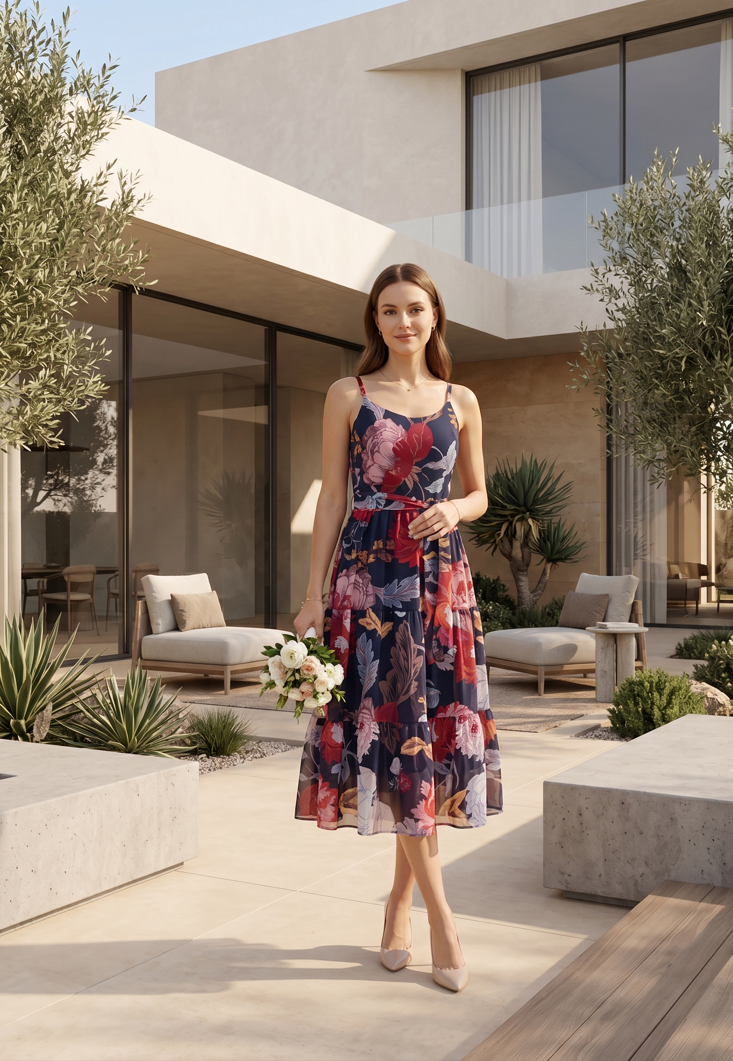 Navy Blue Floral Printed Fit & Flare Midi Dress for Women | Souchii
