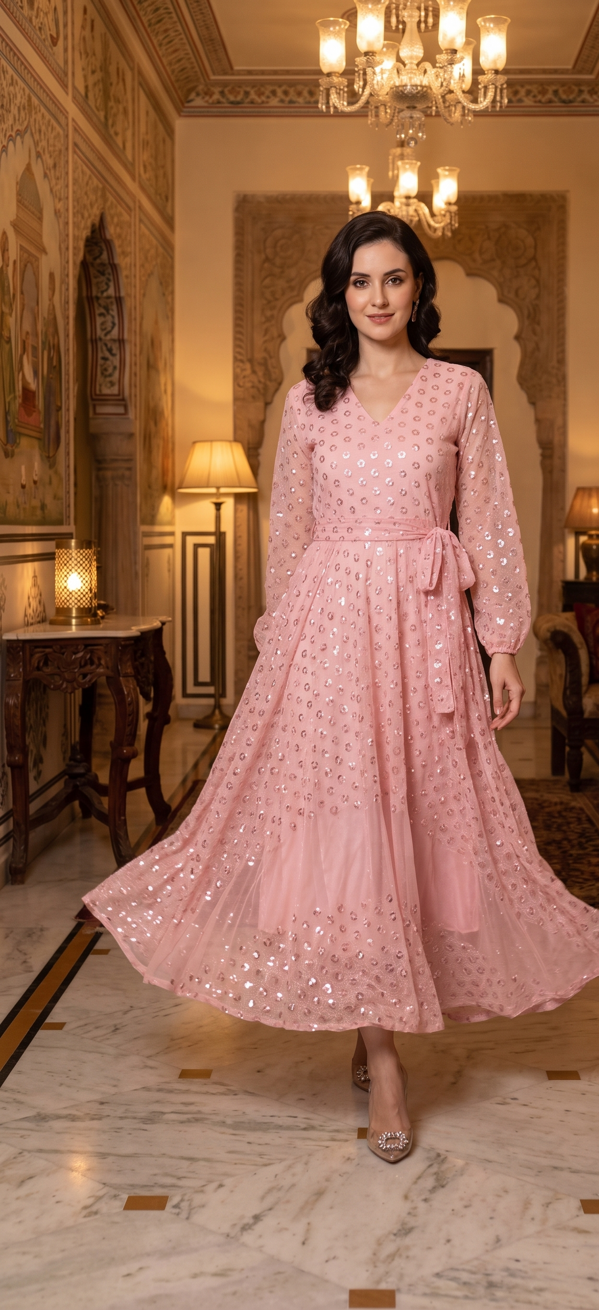 Souchii Blush Pink Sequin-Embellished Chiffon Wrap Midi Party Dress
