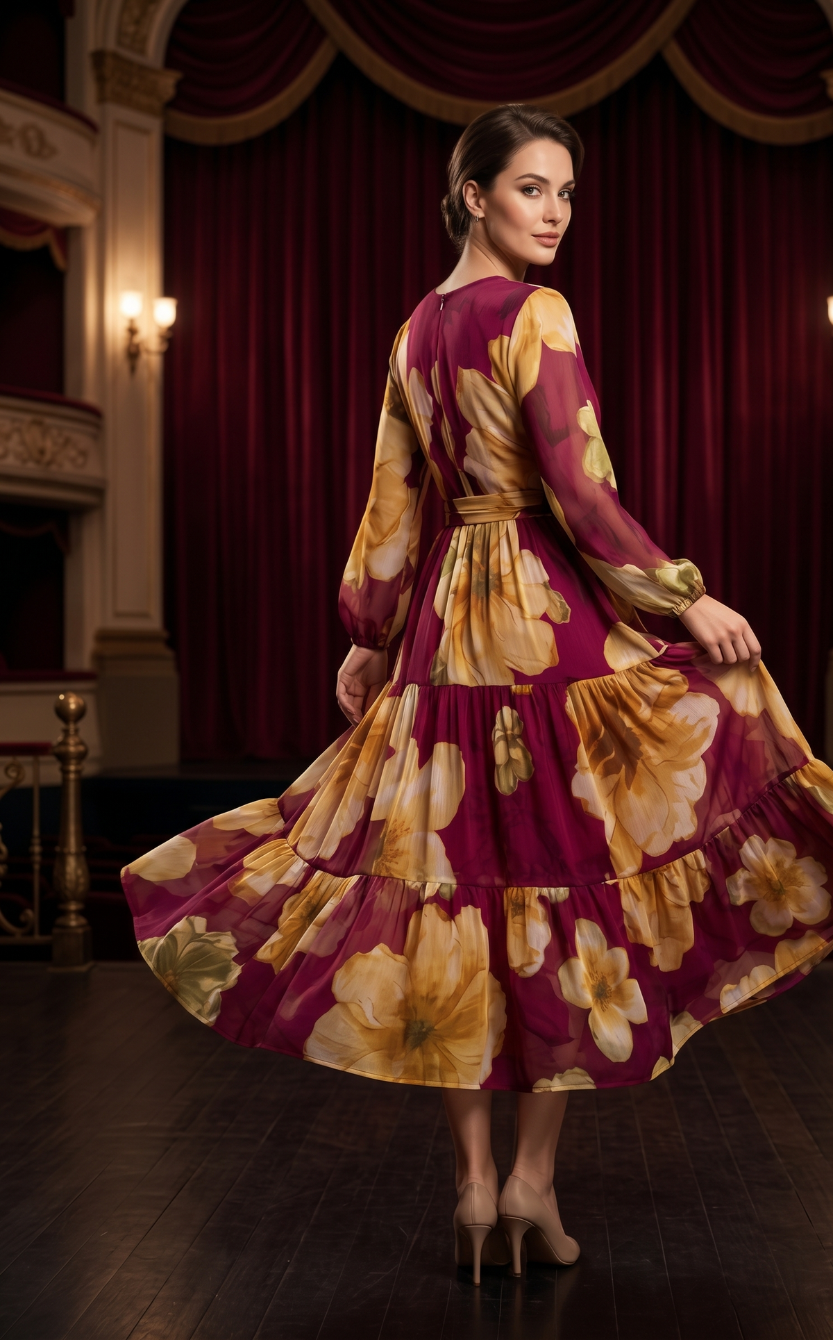 Burgundy Floral Tiered Maxi Dress with V-Neck & Full Sleeves
