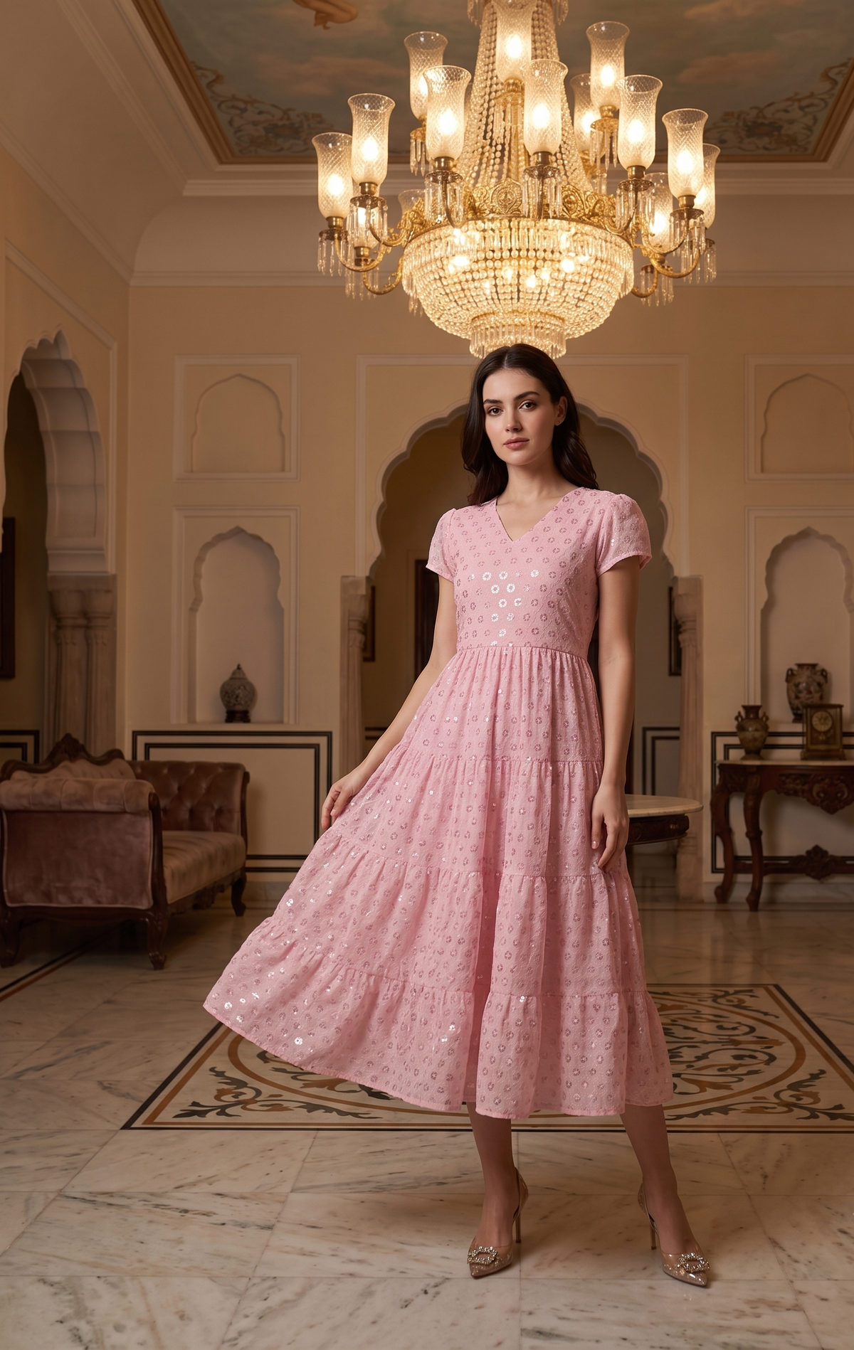 Souchii Pink Sequin Embroidered Fit & Flare Midi Party Dress