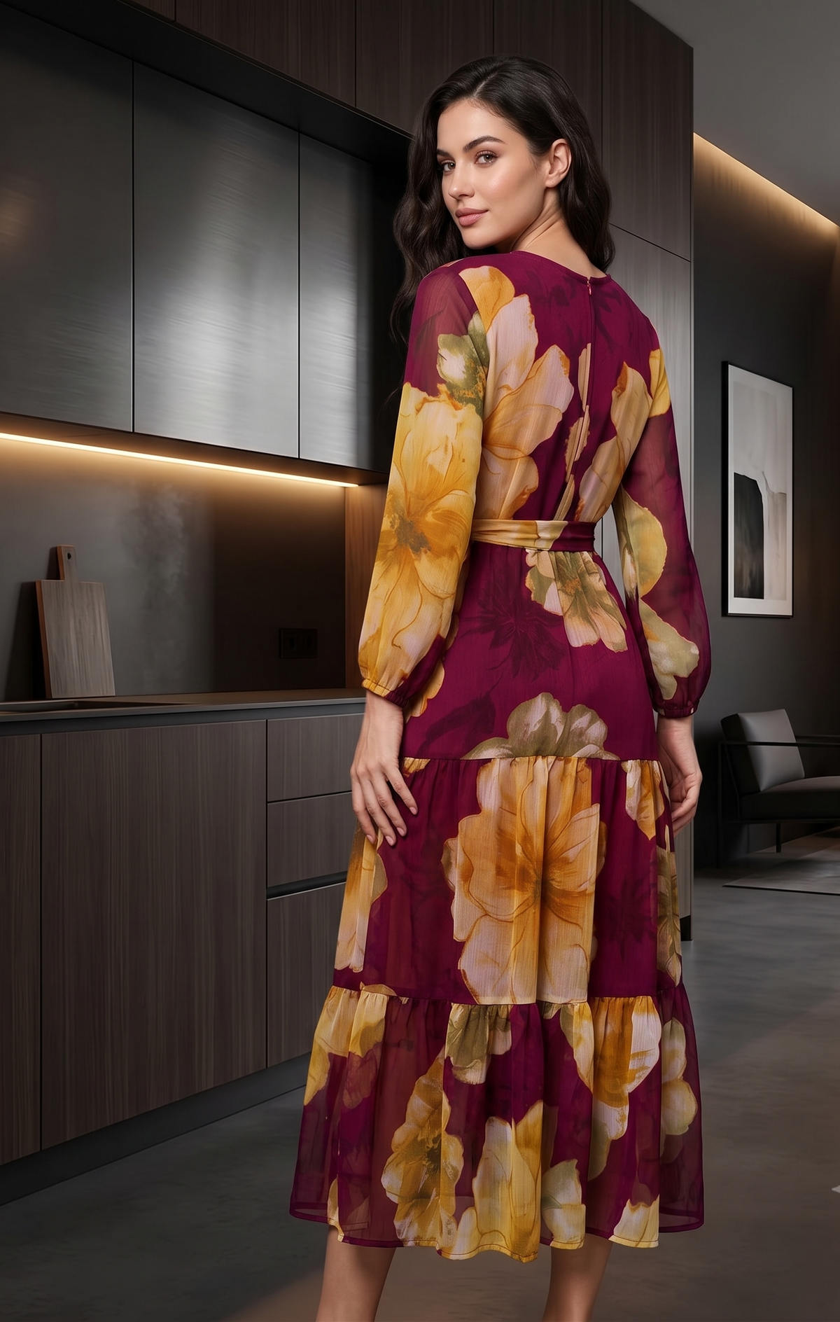 Burgundy Floral Tiered Maxi Dress with V-Neck & Full Sleeves