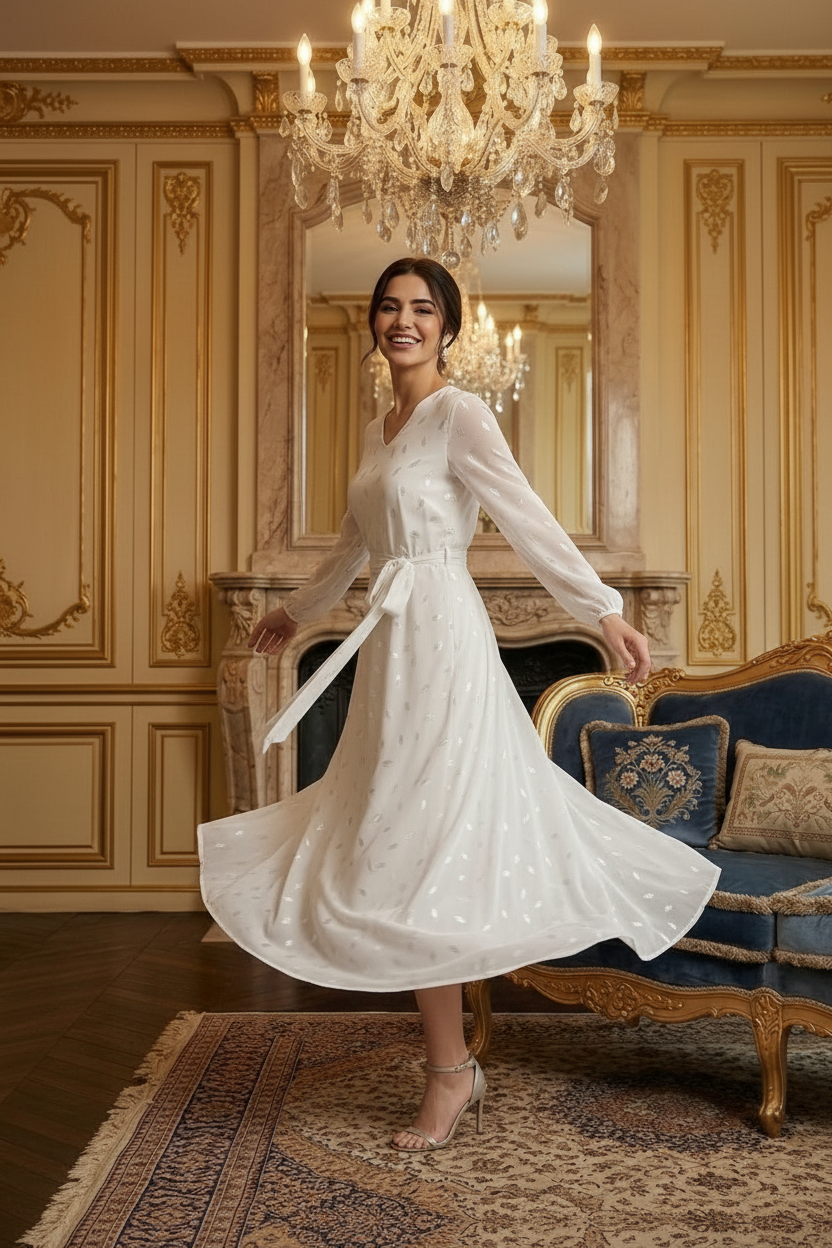 Souchii White Silver Embellished Chiffon Party Dress