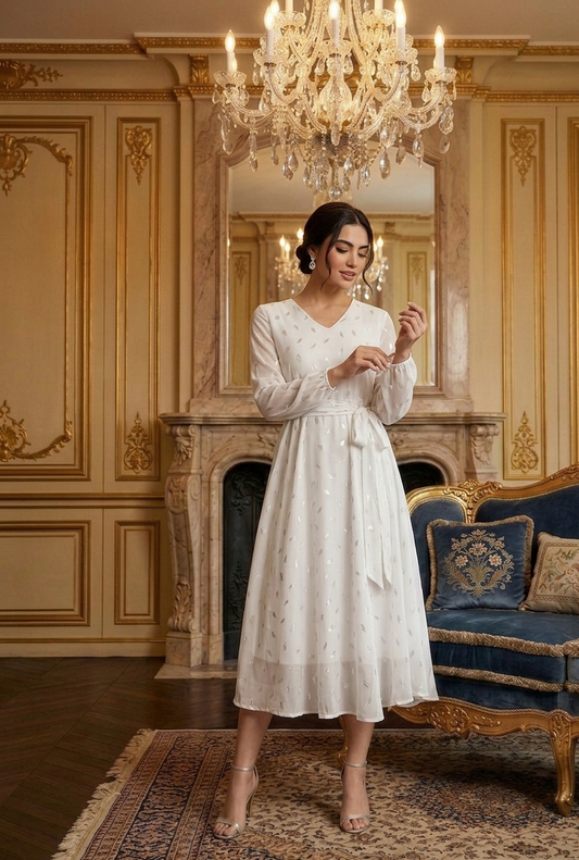 Souchii White Silver Embellished Chiffon Party Dress