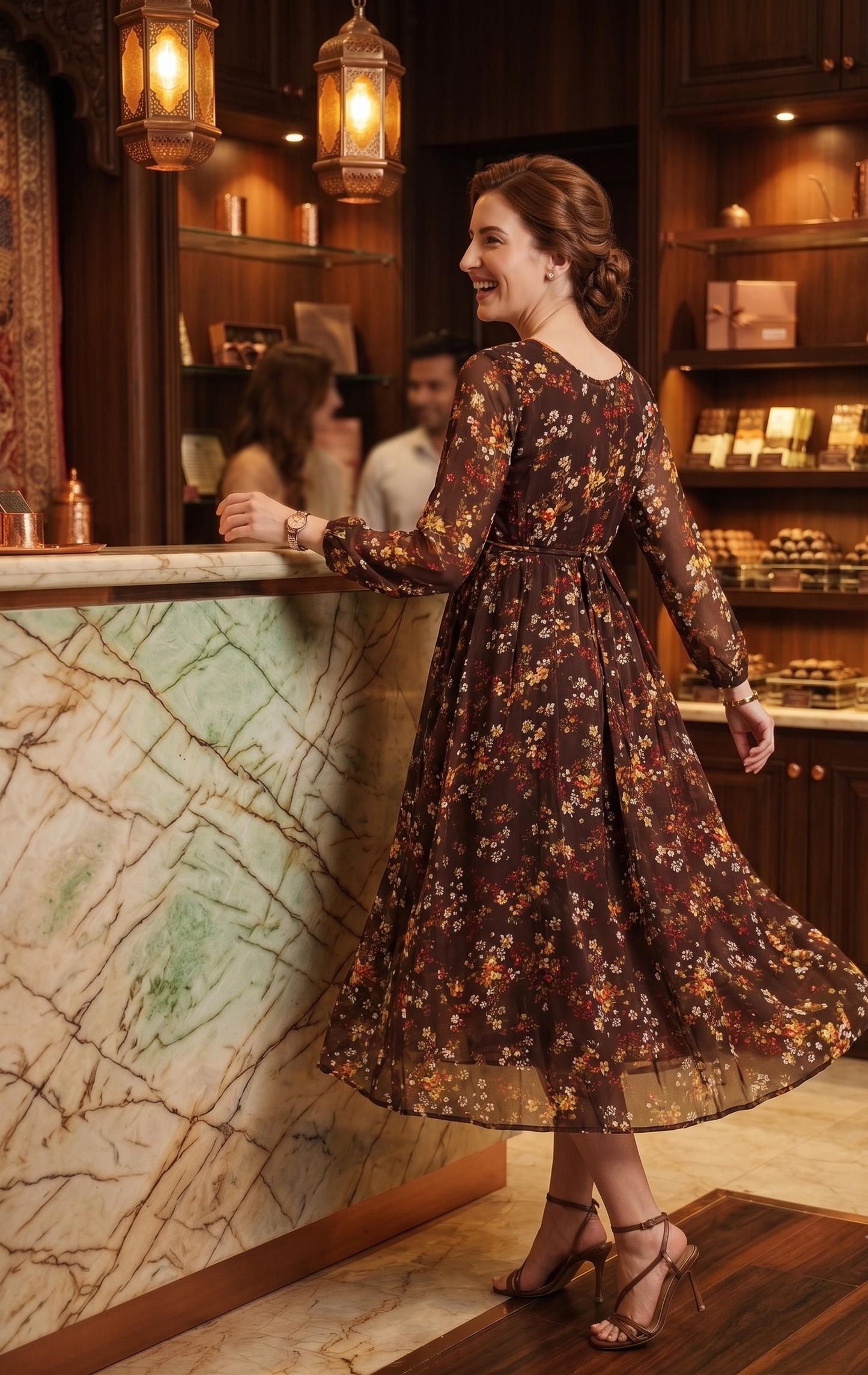 Souchii Brown Floral Print Midi Dress for Women | Sheer Sleeve Fit & Flare Dress