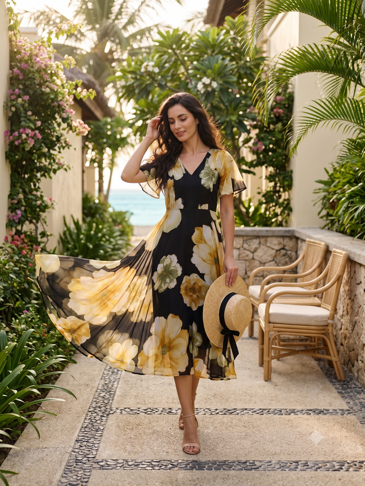 Black Floral Chiffon Dress with Golden Floral Print