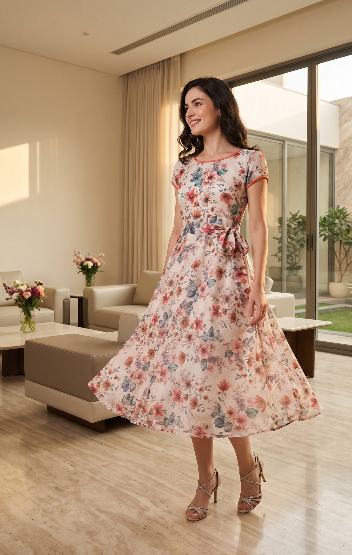 Ivory Floral  Midi Dress with Waist Tie | Souchii