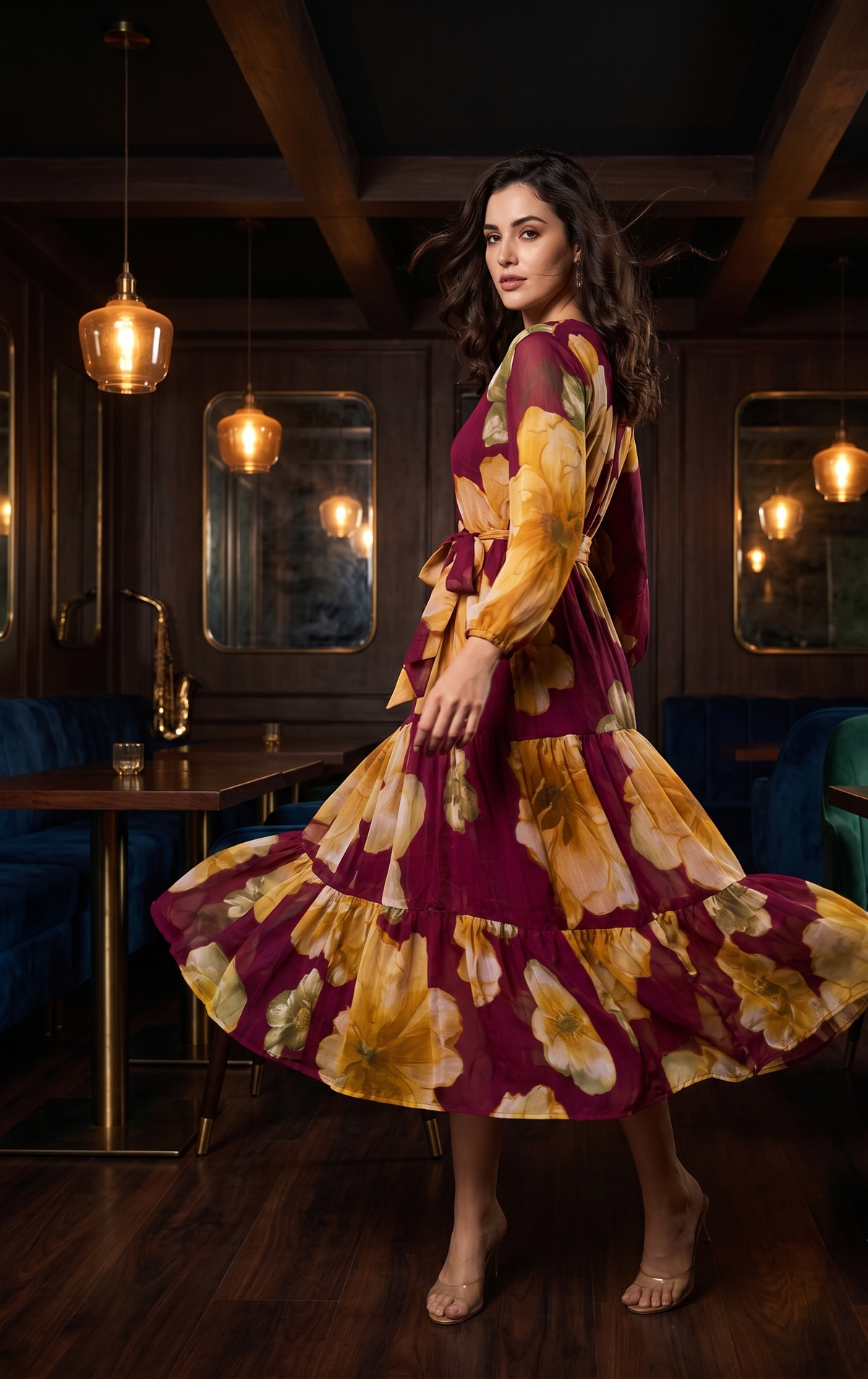 Burgundy Floral Tiered Maxi Dress with V-Neck & Full Sleeves