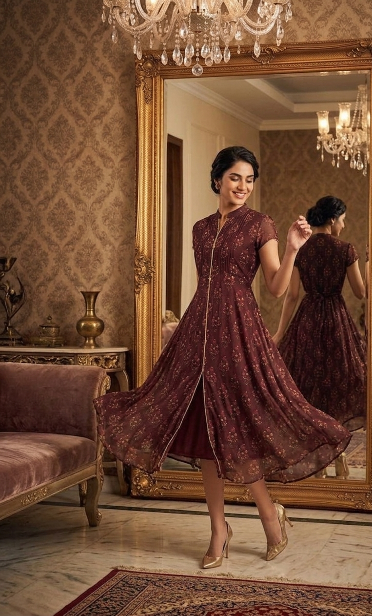 Gold Floral Print Chiffon Midi Dress for Women | Elegant Fit & Flare Party Wear