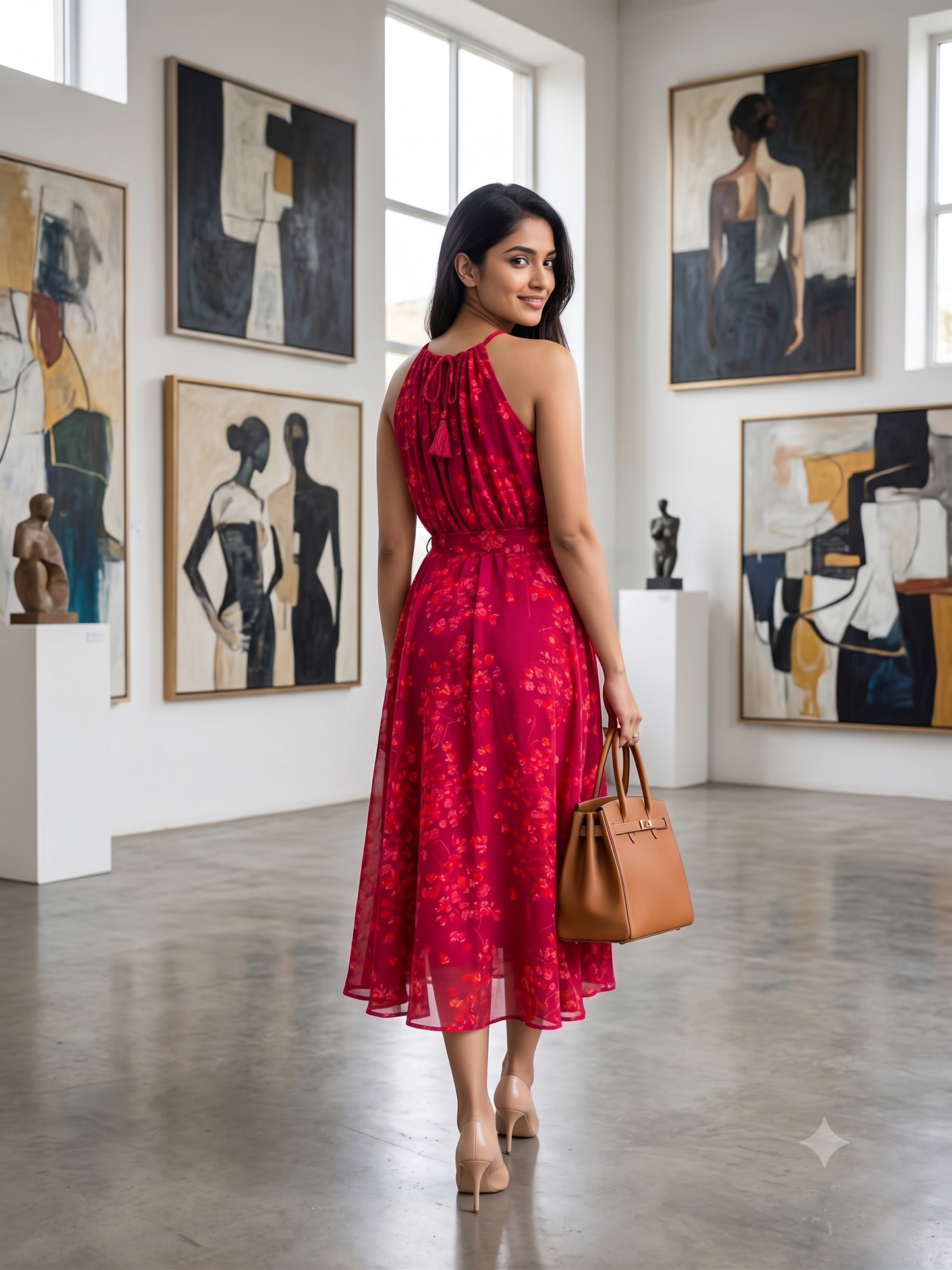 Souchii Women's Maroon Floral Printed Chiffon Midi Dress with Waist Tie Belt