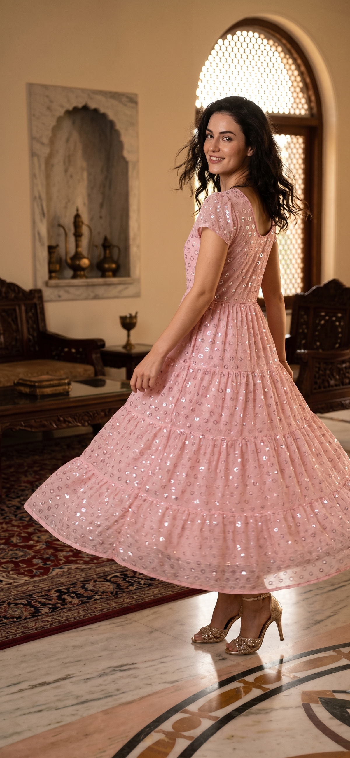 Souchii Pink Sequin Embroidered Fit & Flare Midi Party Dress