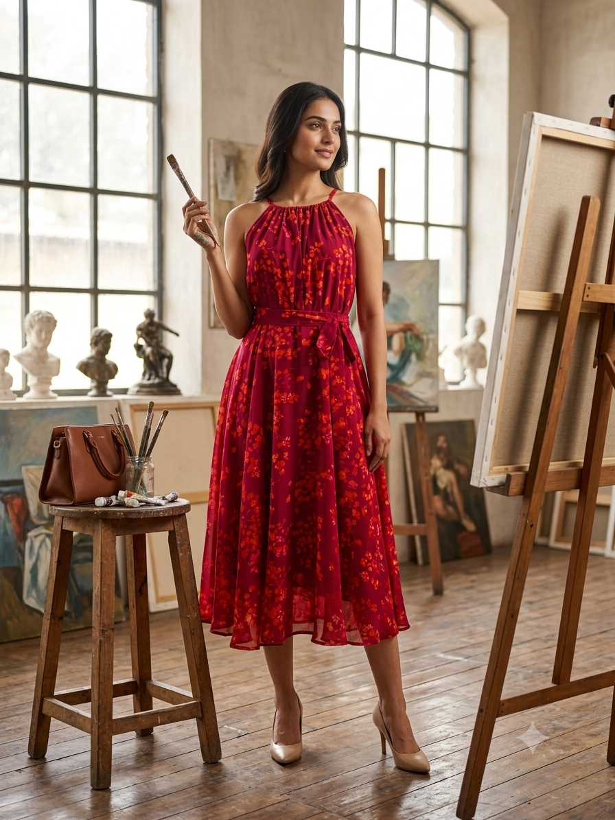 Souchii Women's Maroon Floral Printed Chiffon Midi Dress with Waist Tie Belt