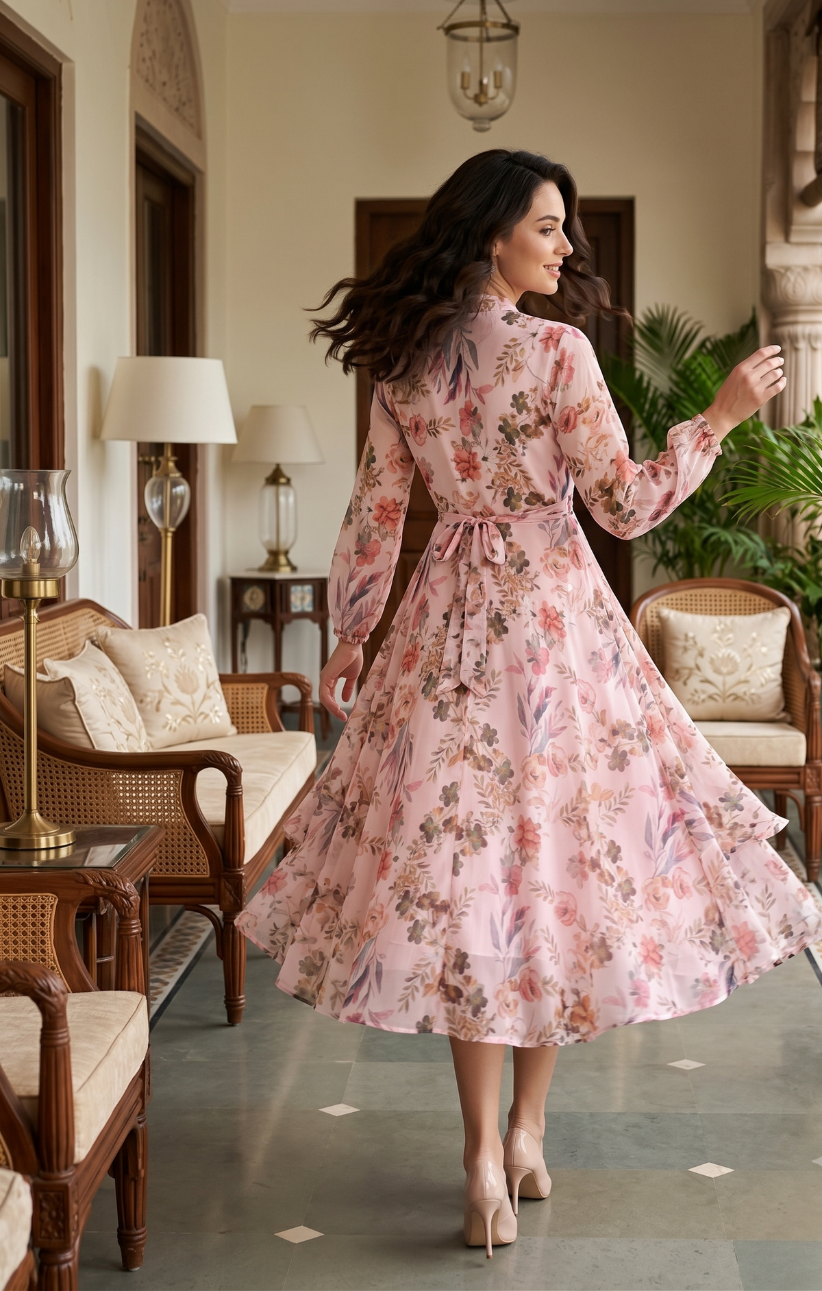 Pale Pink Floral Midi Dress for Women | Souchii