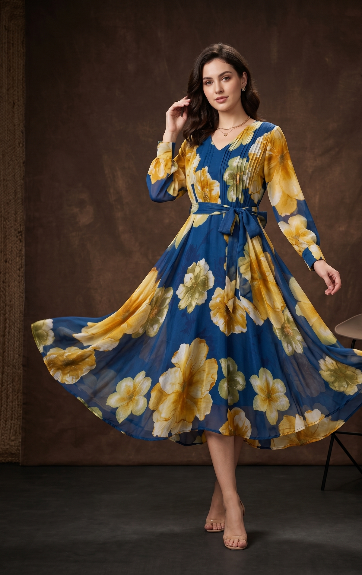 Blue Floral Fit & Flare Maxi Dress with Full Sleeves