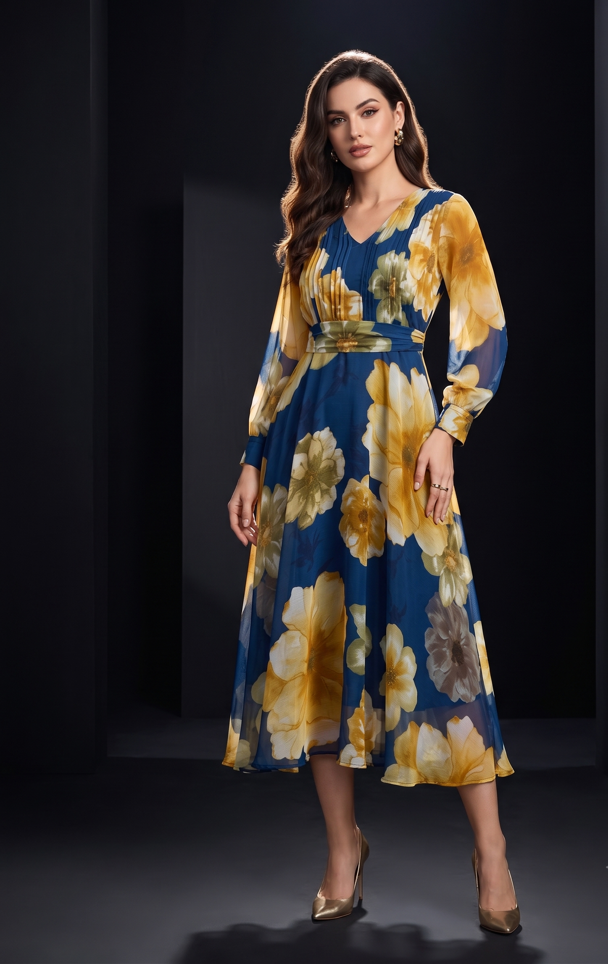 Blue Floral Fit & Flare Maxi Dress with Full Sleeves