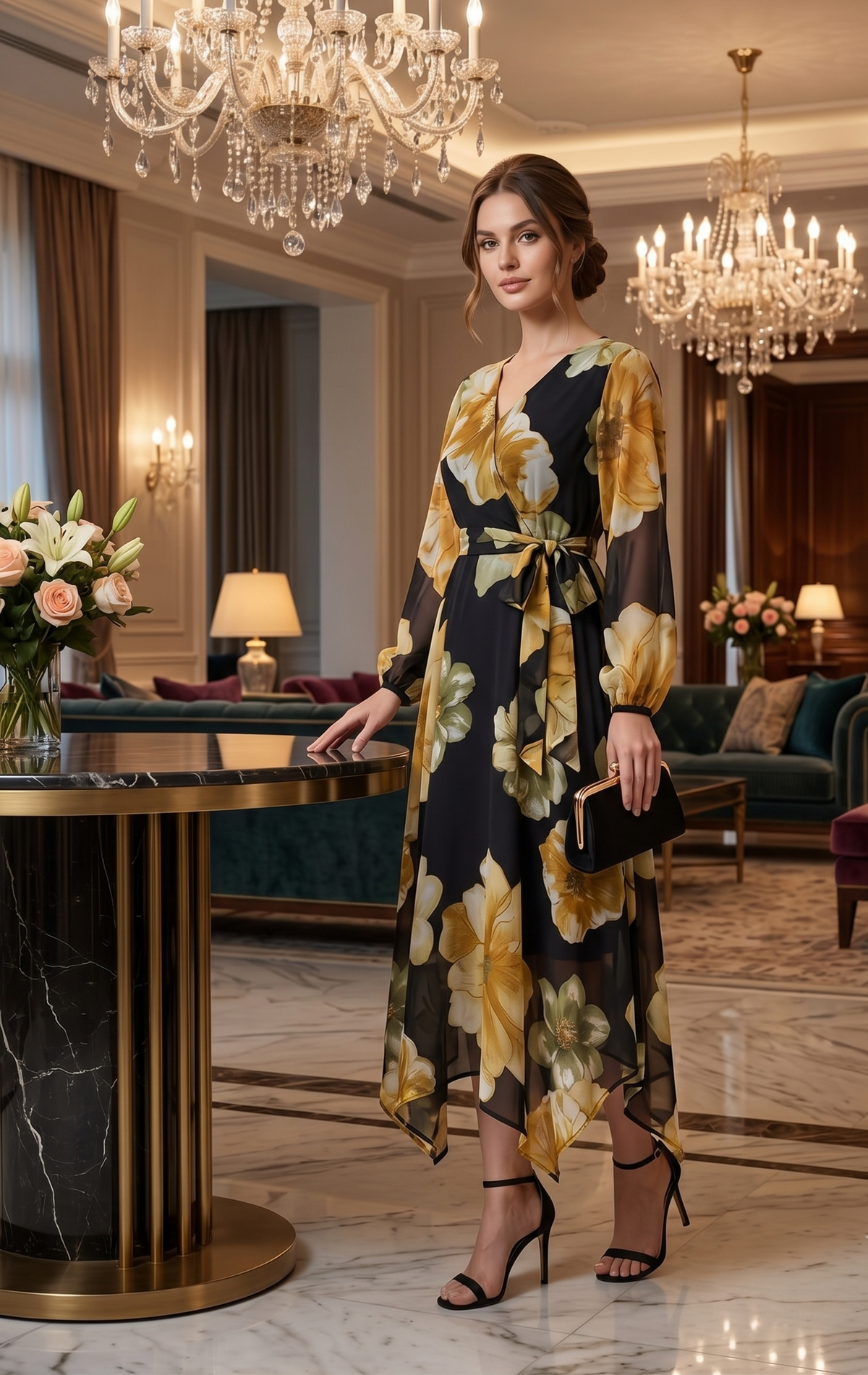 Black Floral Chiffon Maxi Dress with Flared Frill Hem