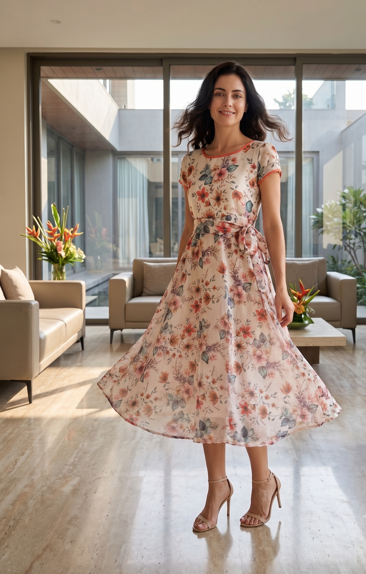 Ivory Floral  Midi Dress with Waist Tie | Souchii
