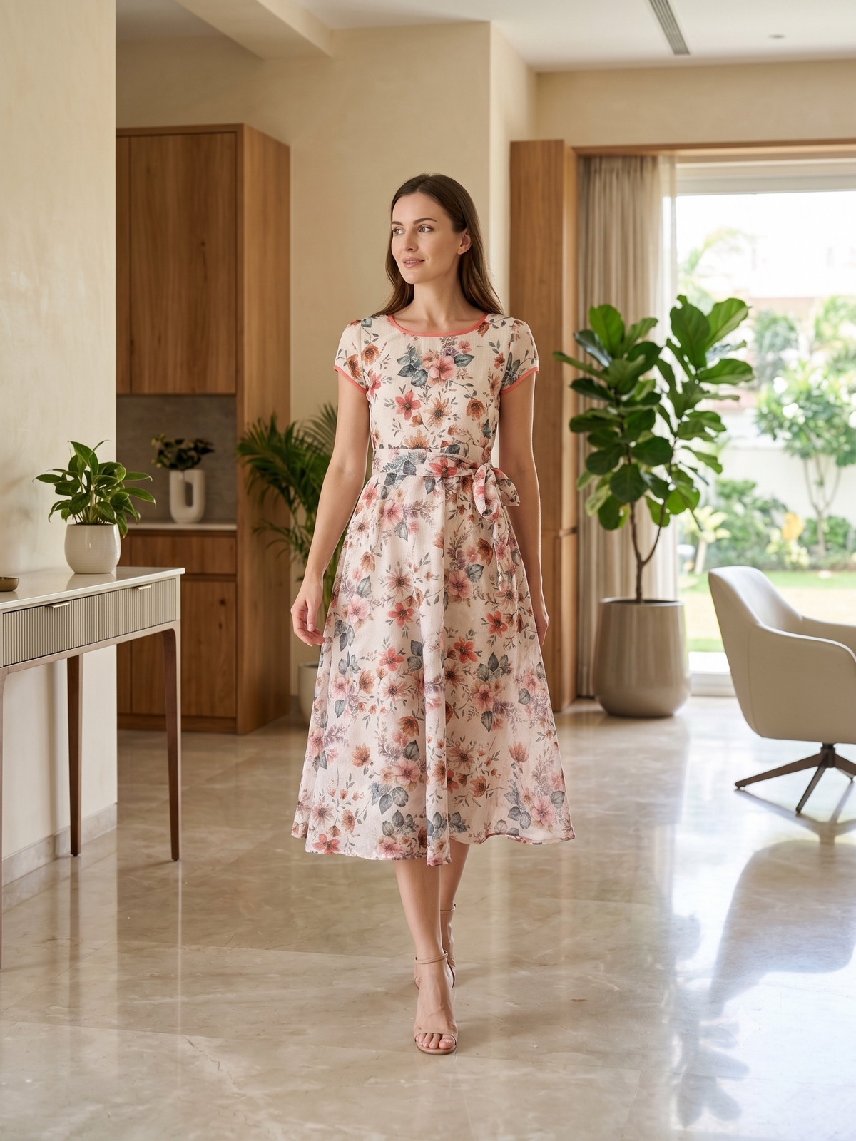 Ivory Floral  Midi Dress with Waist Tie | Souchii