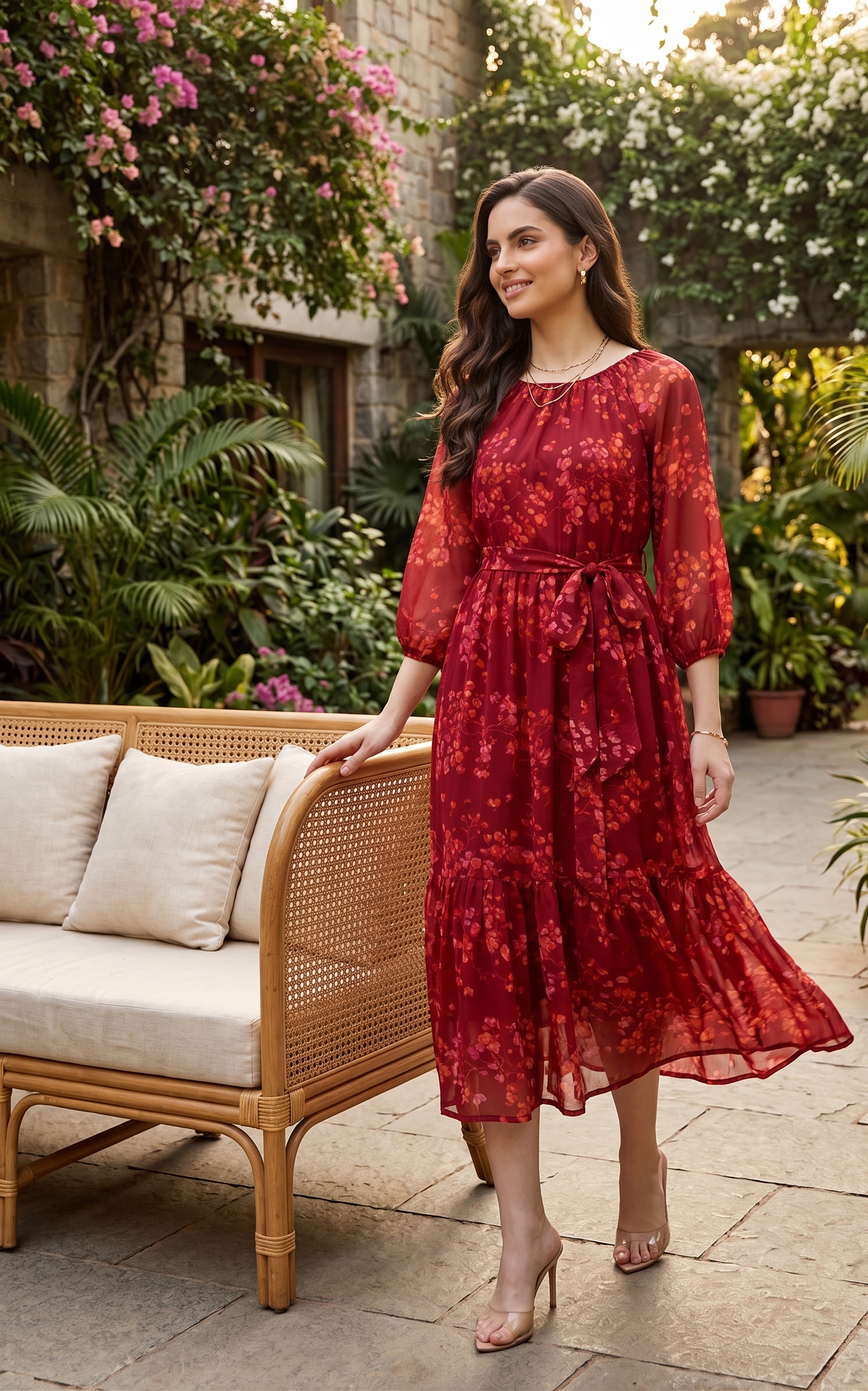 Floral Printed Chiffon Midi Dress with Sheer Sleeves | Souchii