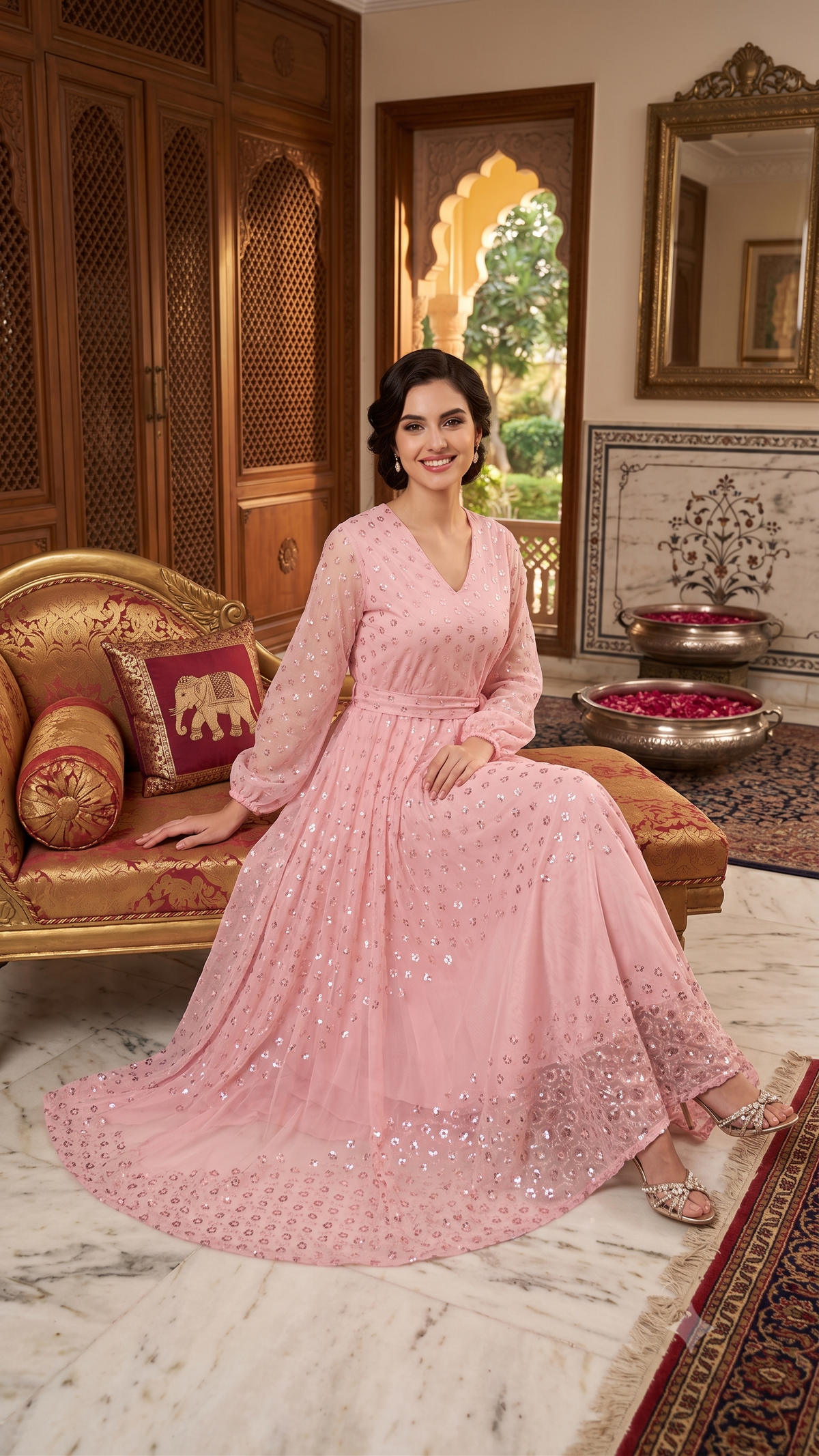 Souchii Blush Pink Sequin-Embellished Chiffon Wrap Midi Party Dress