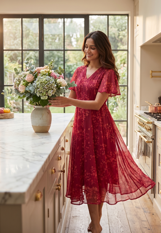 Souchii Women Red Floral Print Chiffon Fit & Flare Midi Dress with Flutter Sleeves