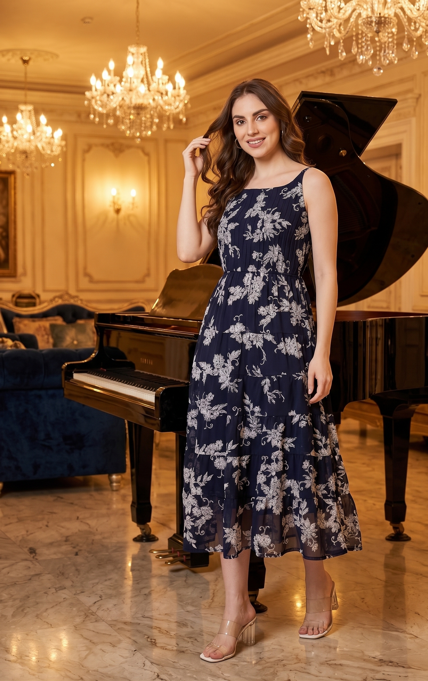 Souchii Women's Navy Blue Floral Printed Tiered Chiffon Midi Dress | Elegant Sleeveless Fit & Flare Party Dress