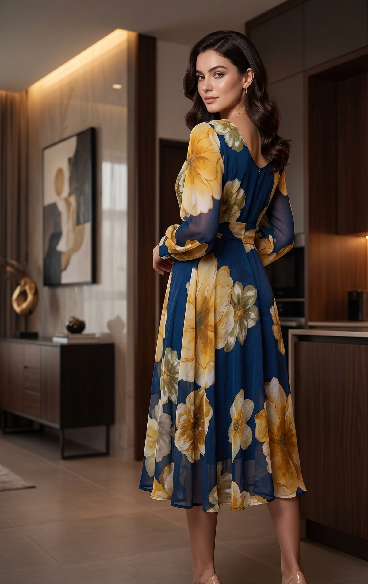 Blue Floral Fit & Flare Maxi Dress with Full Sleeves