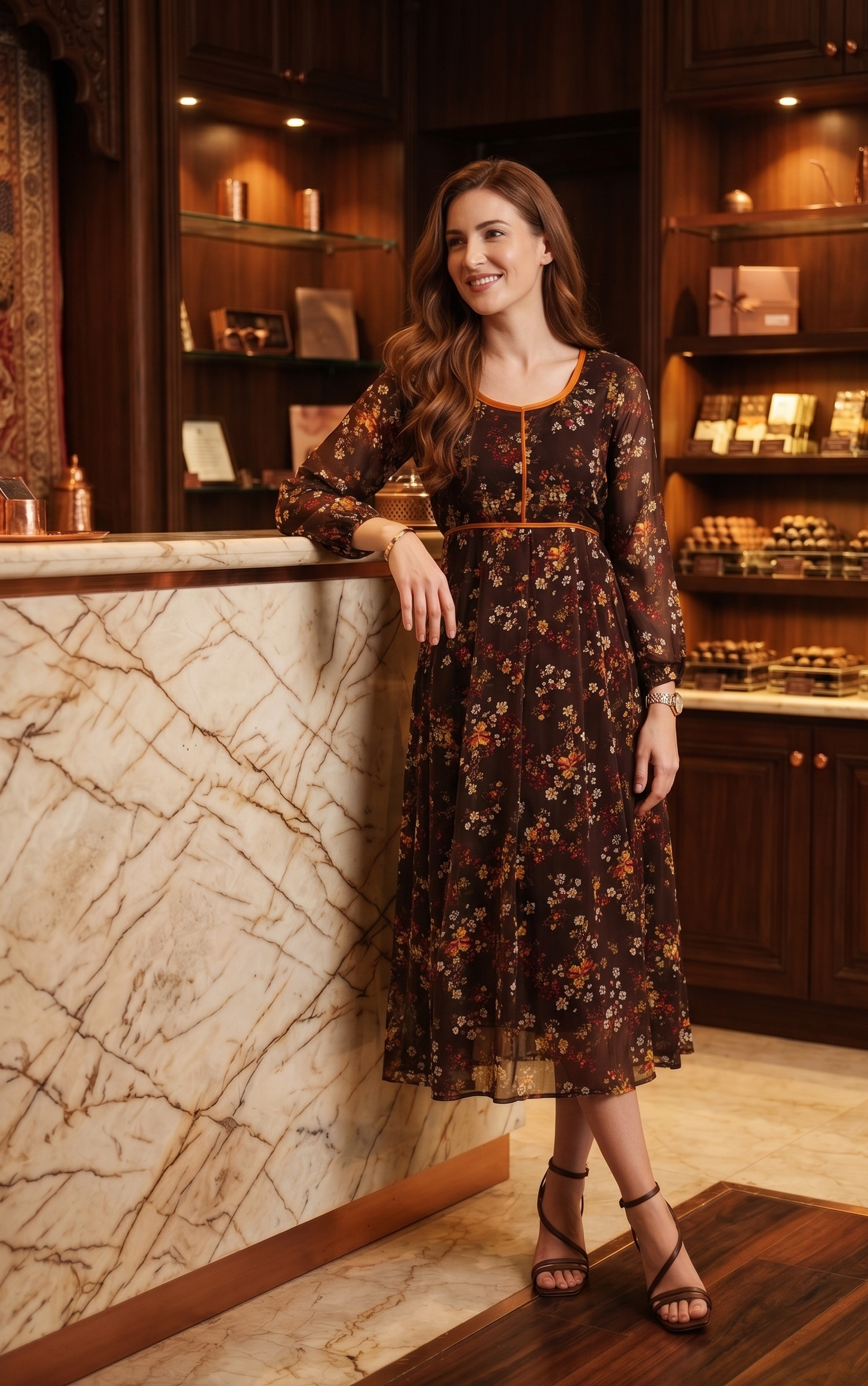Souchii Brown Floral Print Midi Dress for Women | Sheer Sleeve Fit & Flare Dress