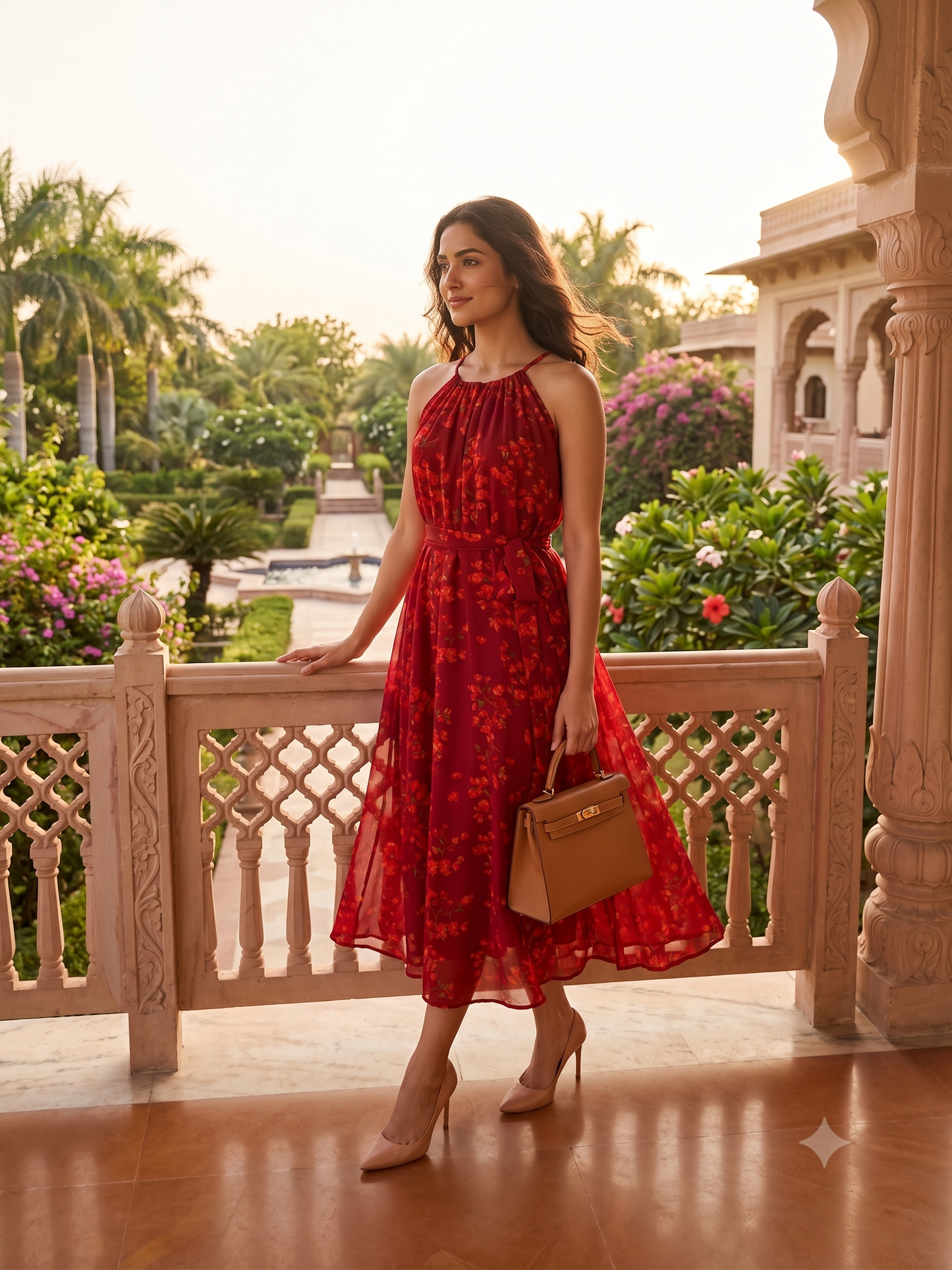 Souchii Women's Maroon Floral Printed Chiffon Midi Dress with Waist Tie Belt