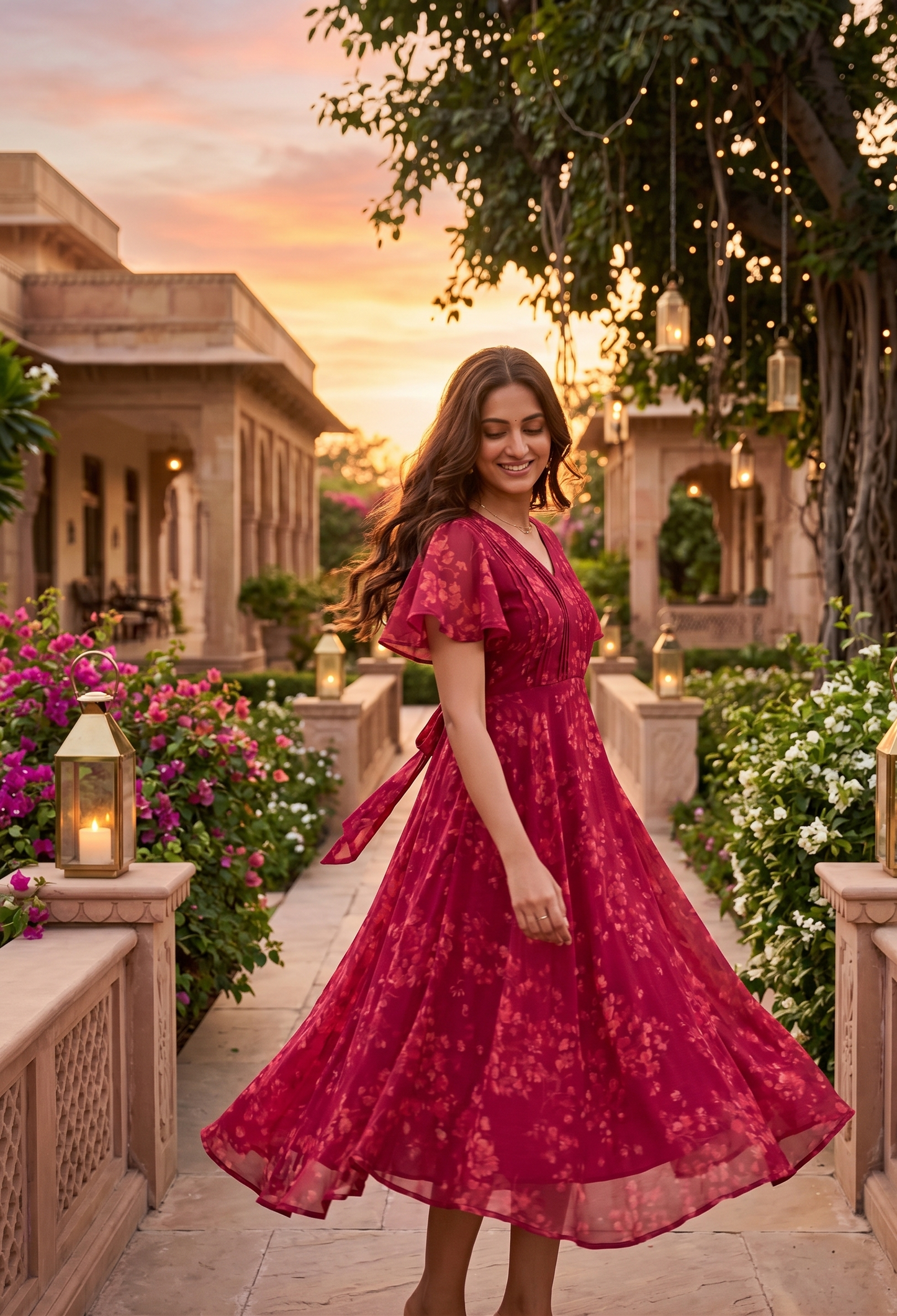 Souchii Women Red Floral Print Chiffon Fit & Flare Midi Dress with Flutter Sleeves