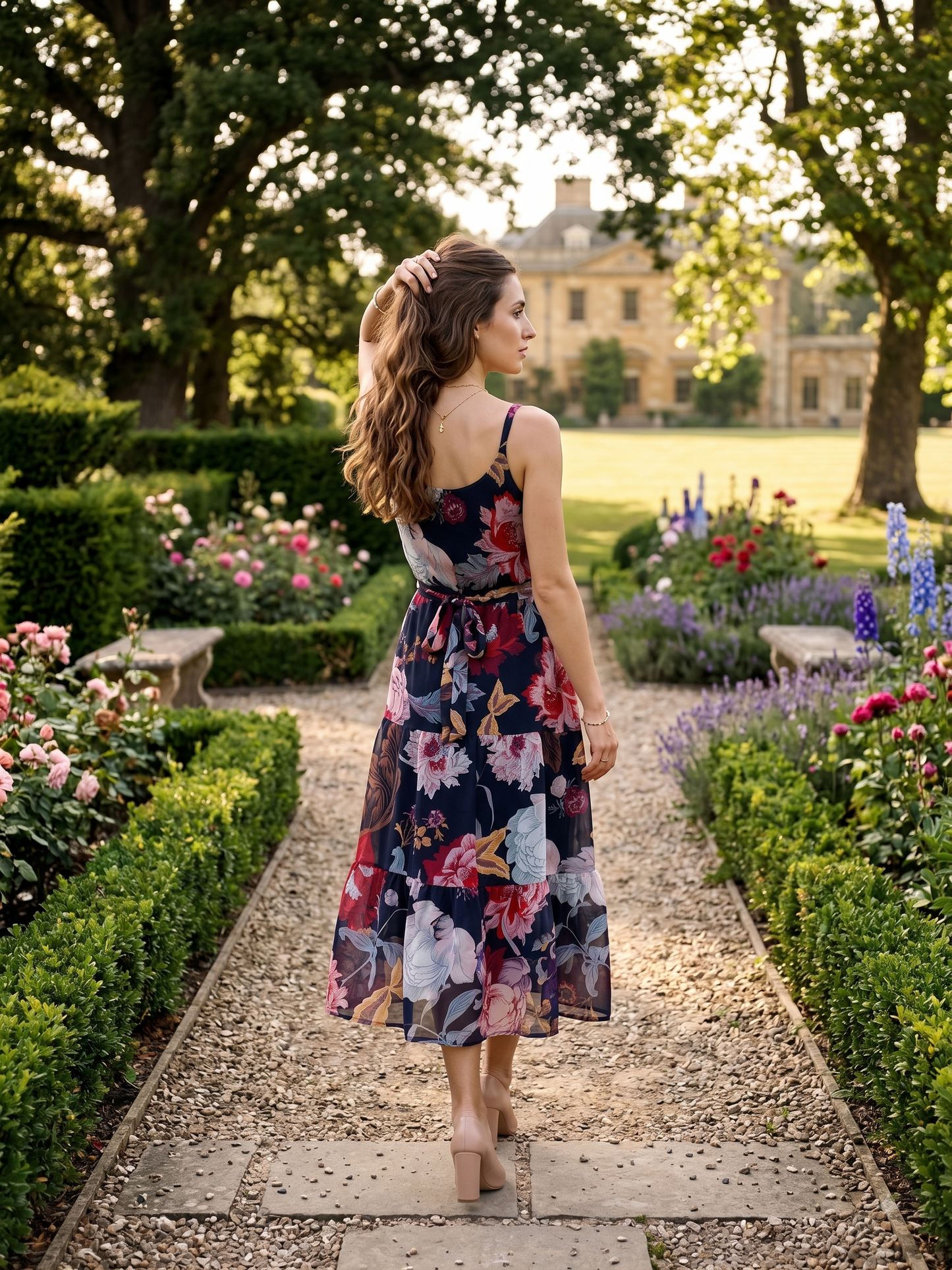 Navy Blue Floral Printed Fit & Flare Midi Dress for Women | Souchii