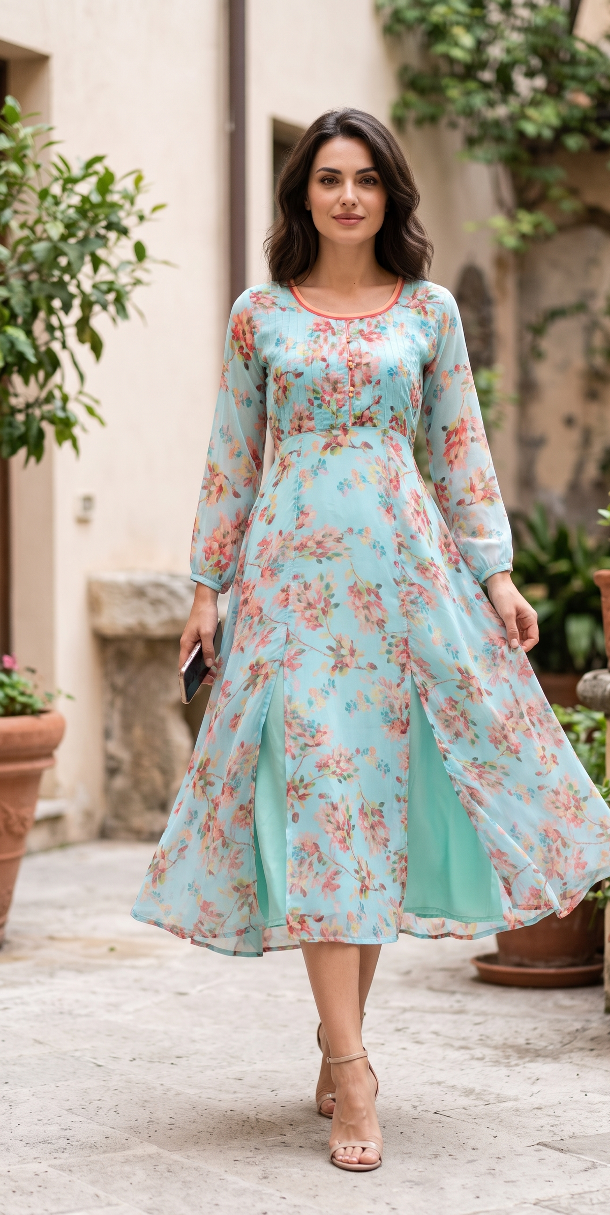 Aqua Blue Floral Midi Dress with Front Slits and Flared Skirt – Souchii