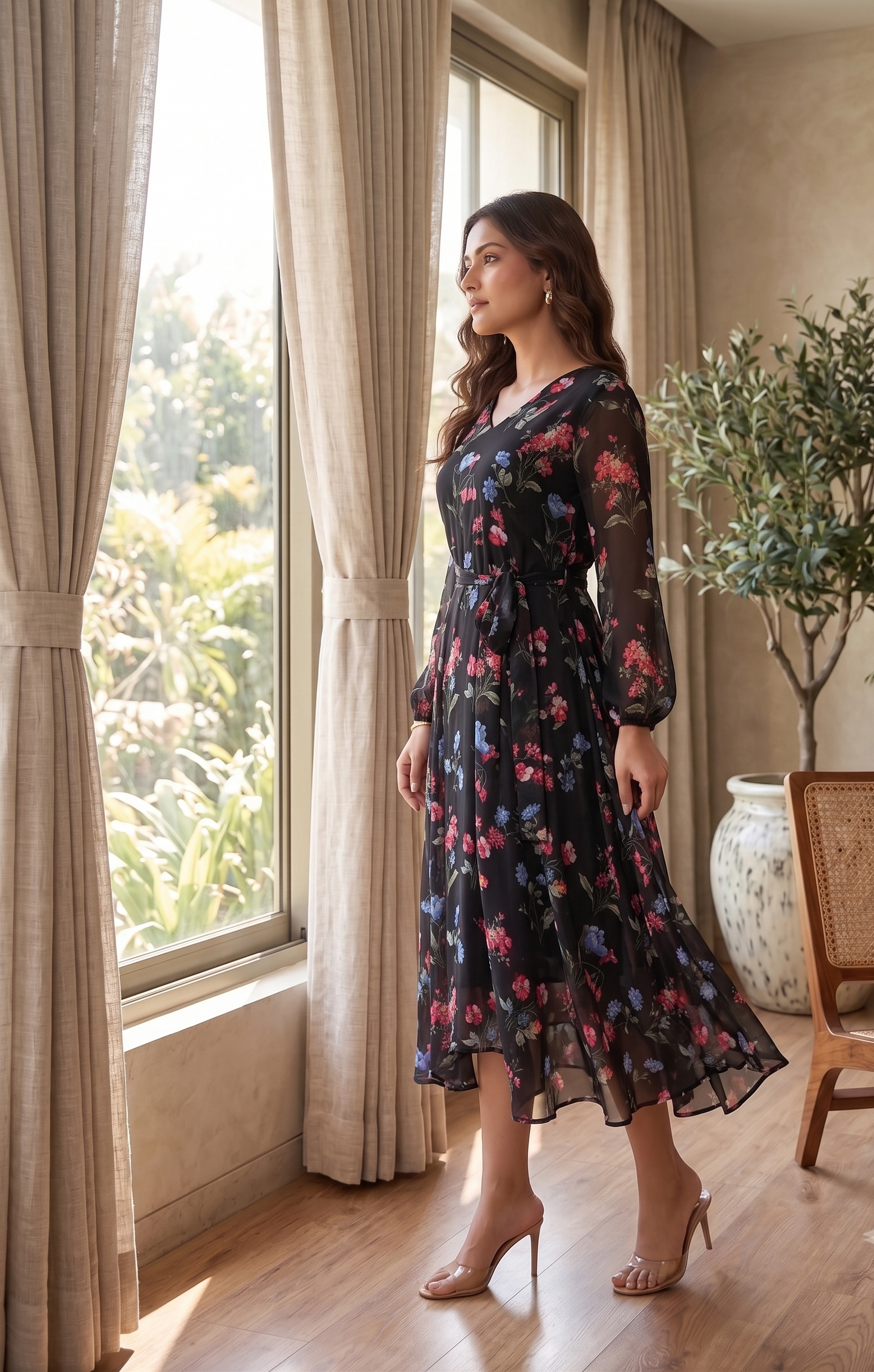 Black Floral Printed Chiffon Fit & Flare Midi Dress with Waist Tie