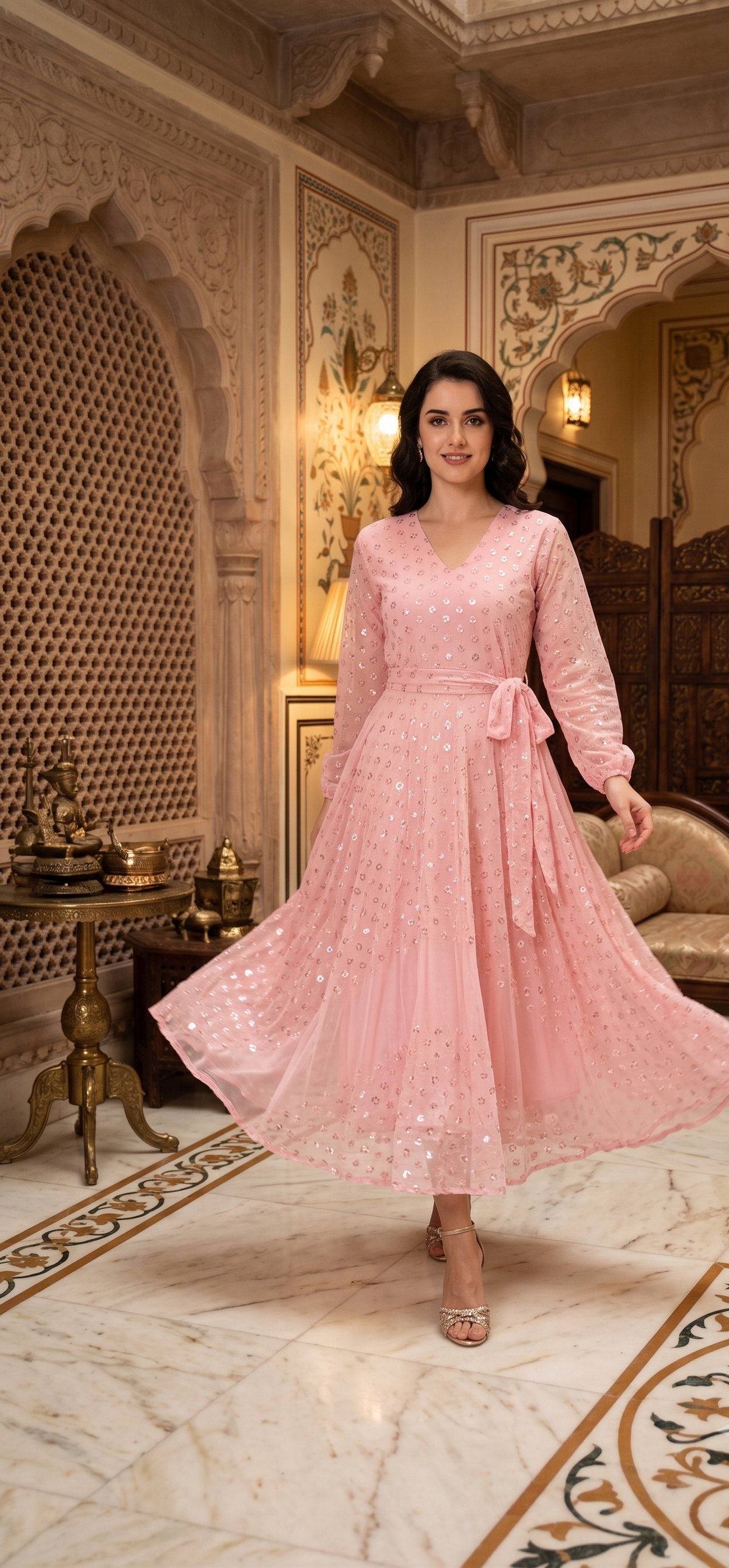 Souchii Blush Pink Sequin-Embellished Chiffon Wrap Midi Party Dress