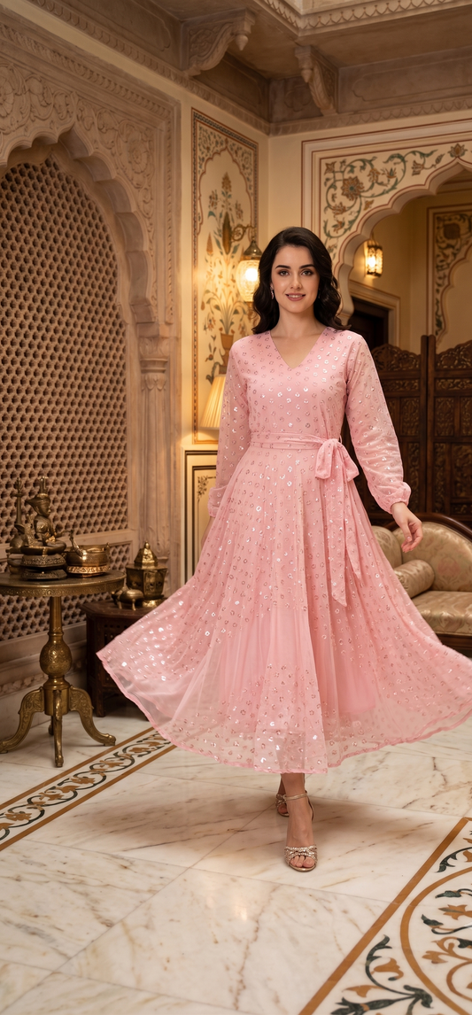 Souchii Blush Pink Sequin-Embellished Chiffon Wrap Midi Party Dress