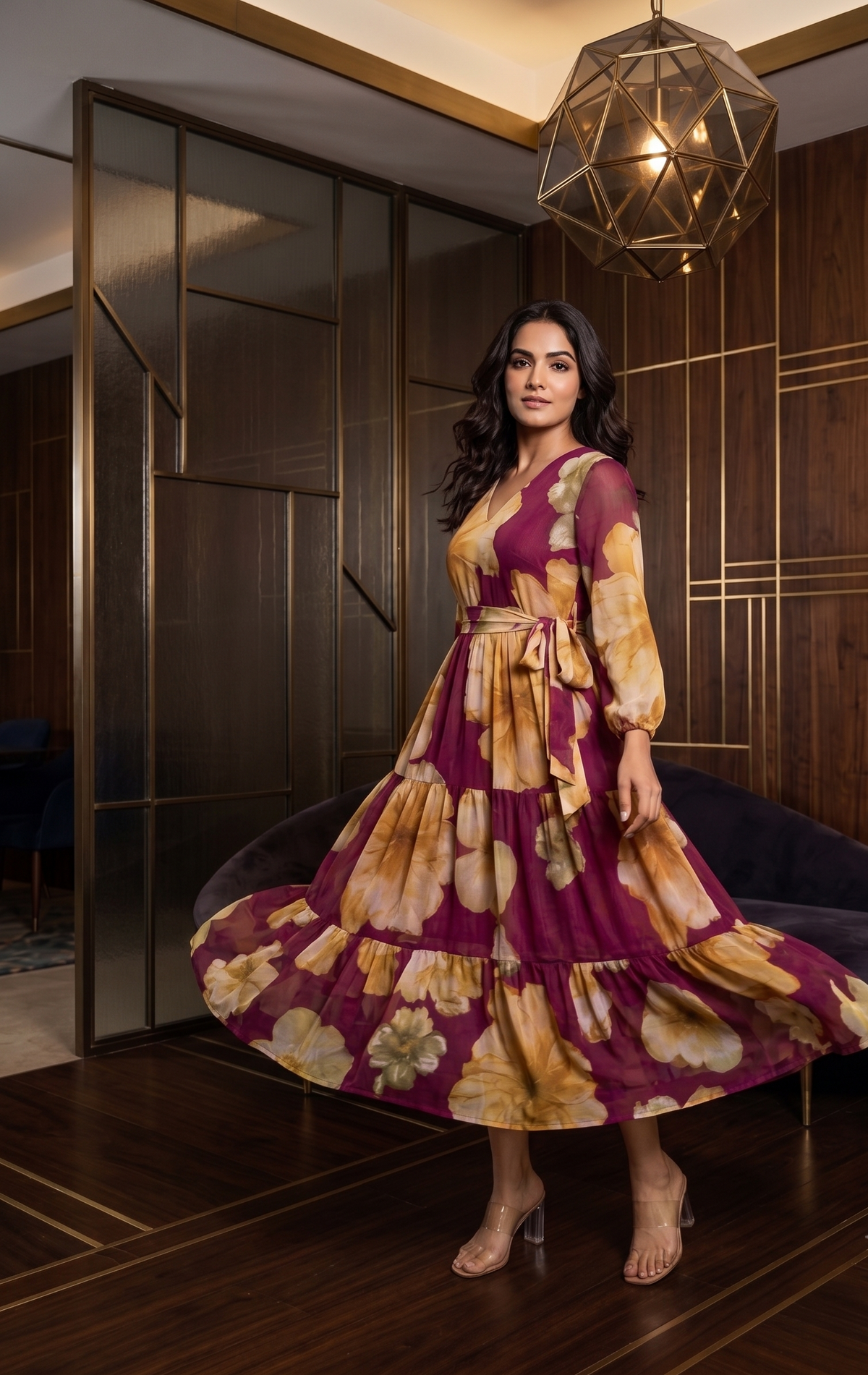 Burgundy Floral Tiered Maxi Dress with V-Neck & Full Sleeves